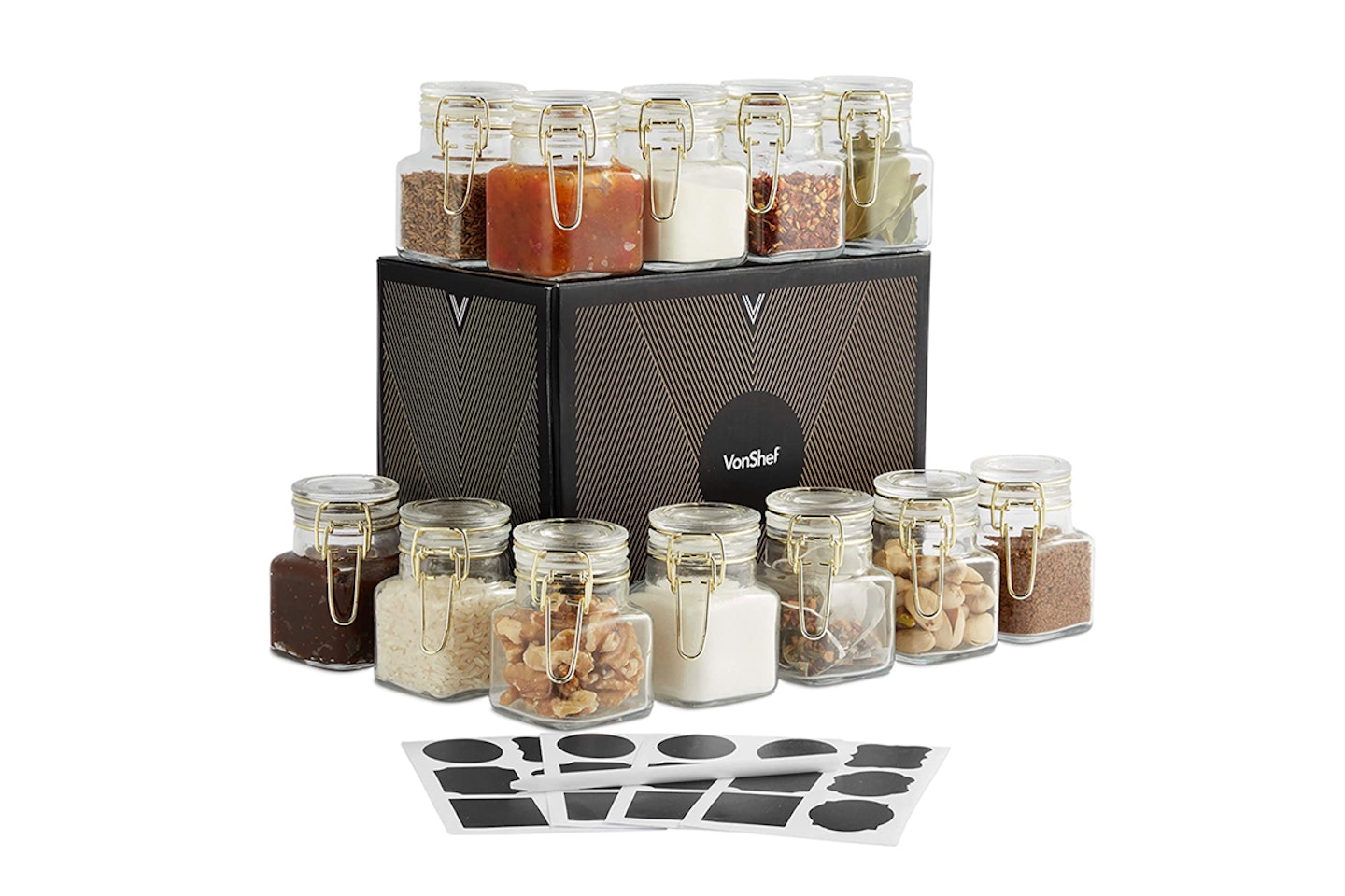 VonShef Set of 12 Mini Glass Storage Jars with Labels