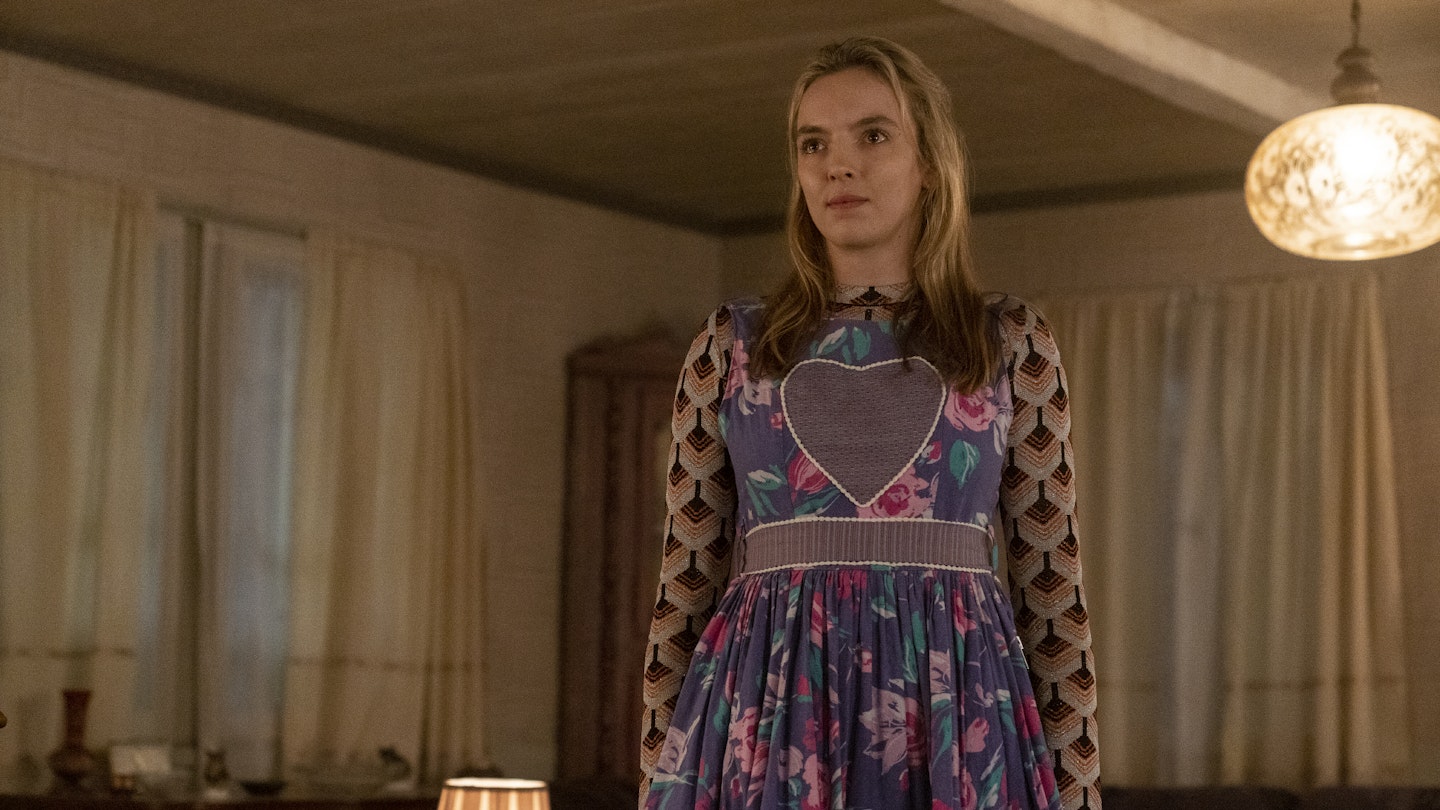 Jodie Comer as Villanelle wearing a Paco Rabanne top