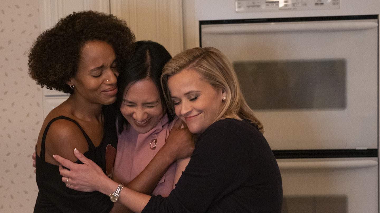 Kerry Washington and Reese Witherspoon on set with Celeste Ng