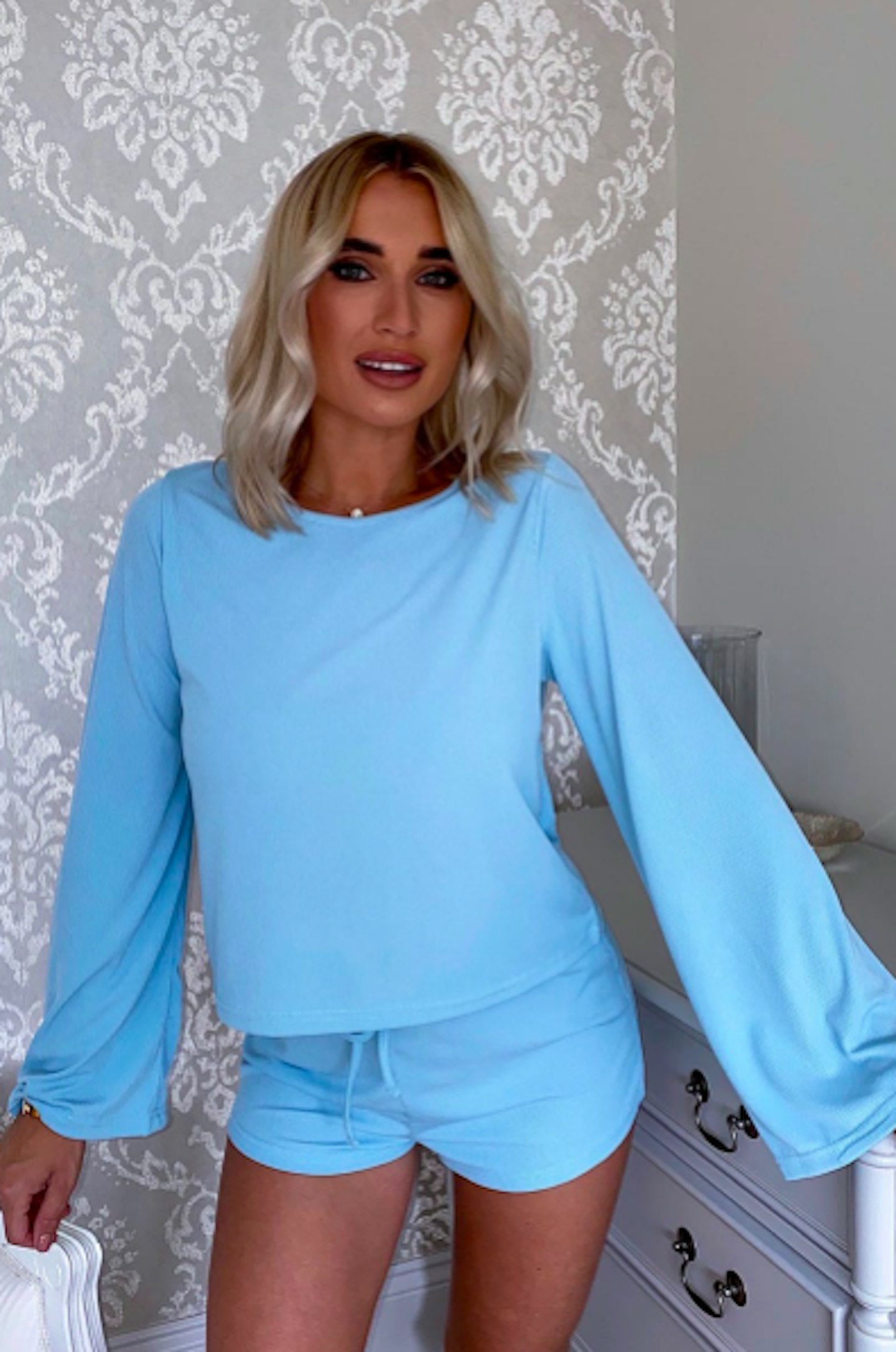 Billie Faiers Blue Flare Sleeve Ribbed Cropped Top
