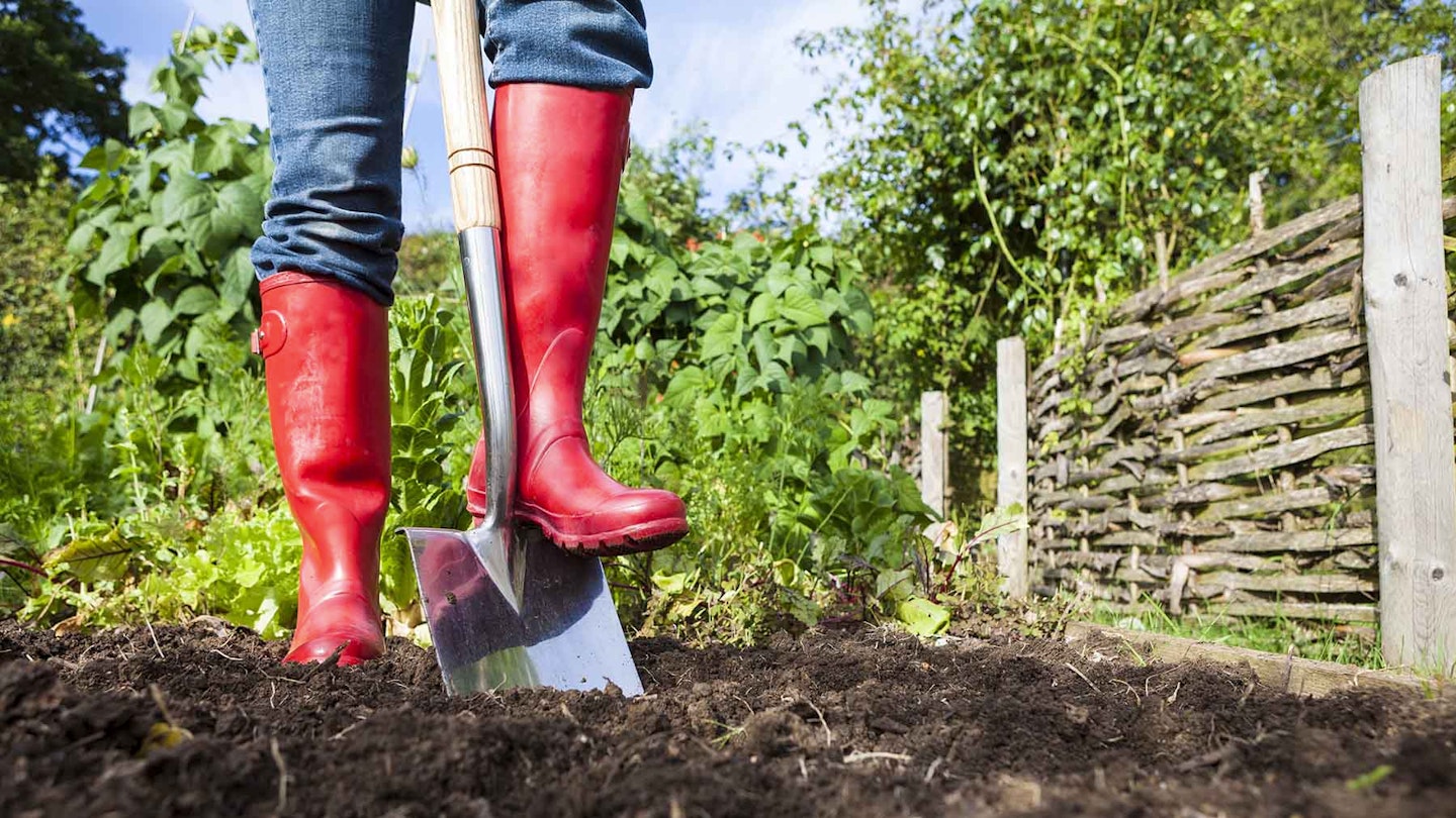 Person in red wellies digging with a new spade