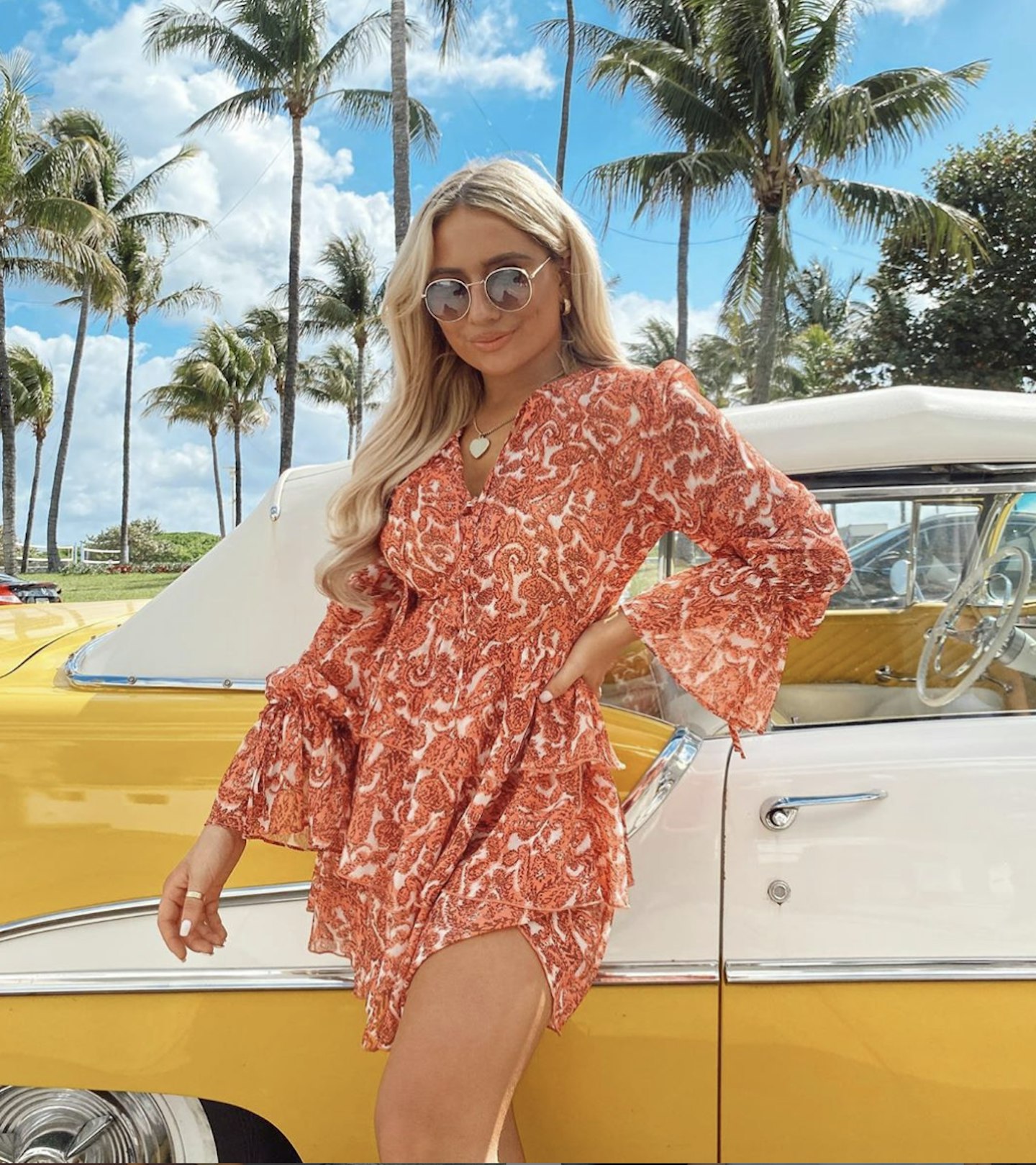 Coral paisley print balloon sleeve dress