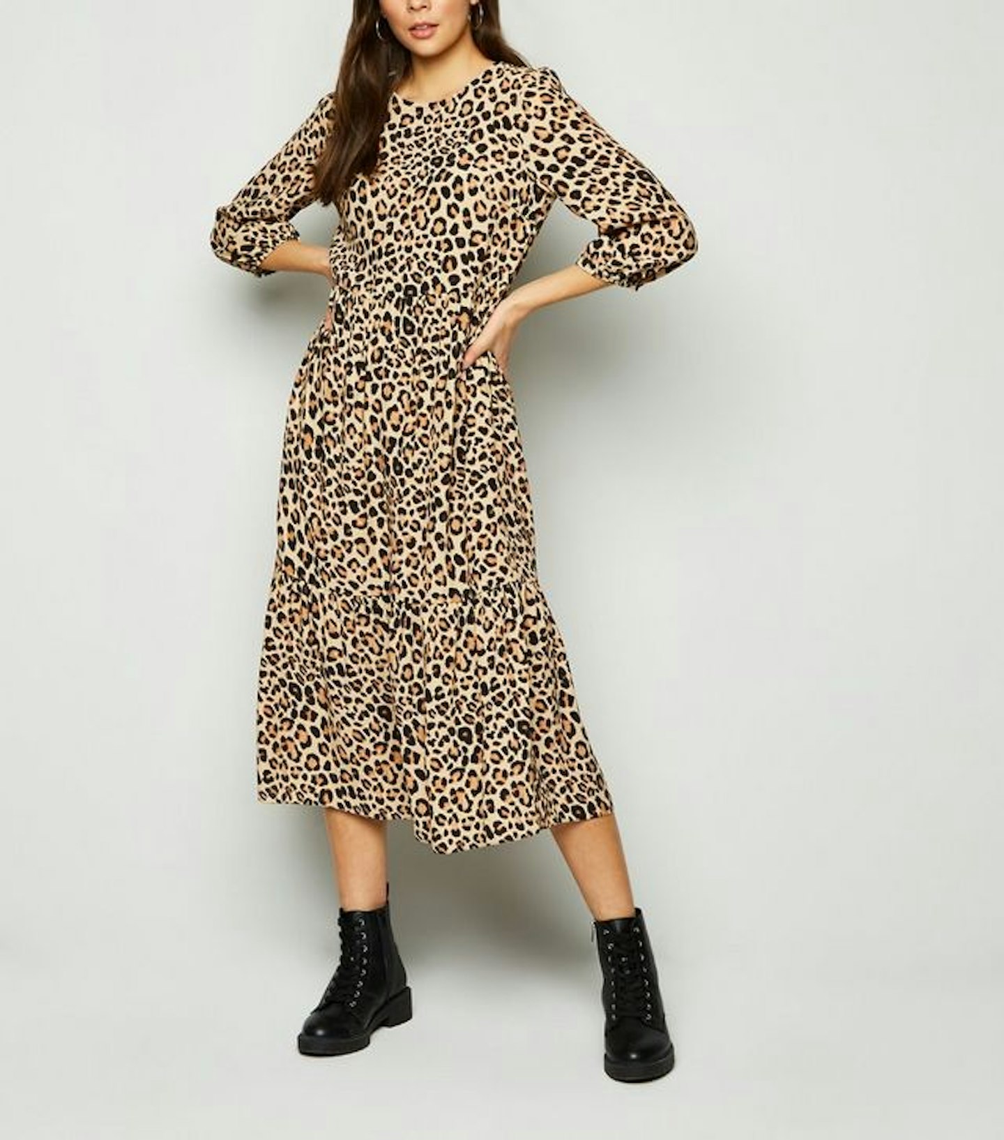 Brown Leopard Print Tiered Smock Midi Dress