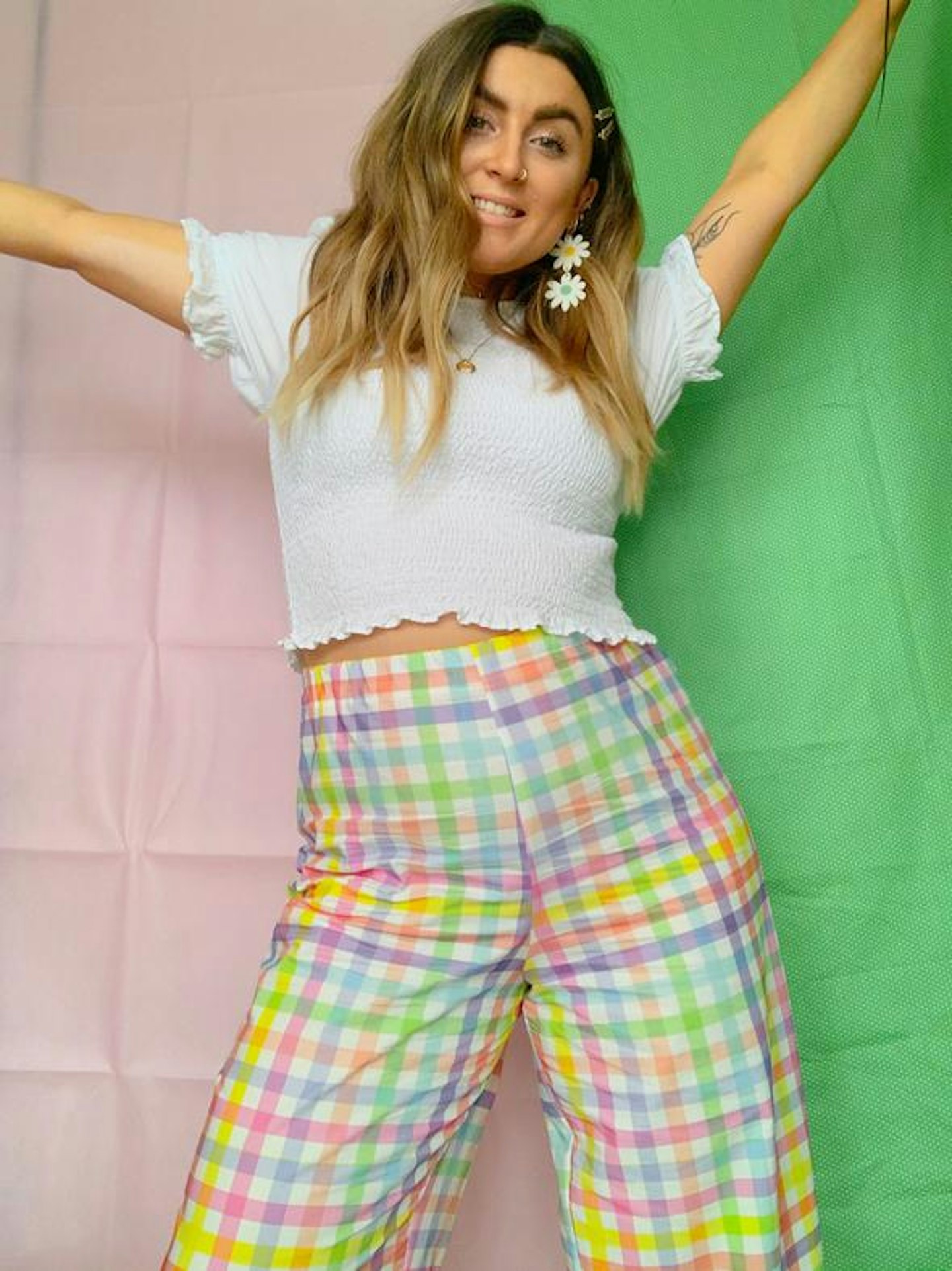 By Megan Crosby, Rainbow Gingham High Waist Trousers, £60