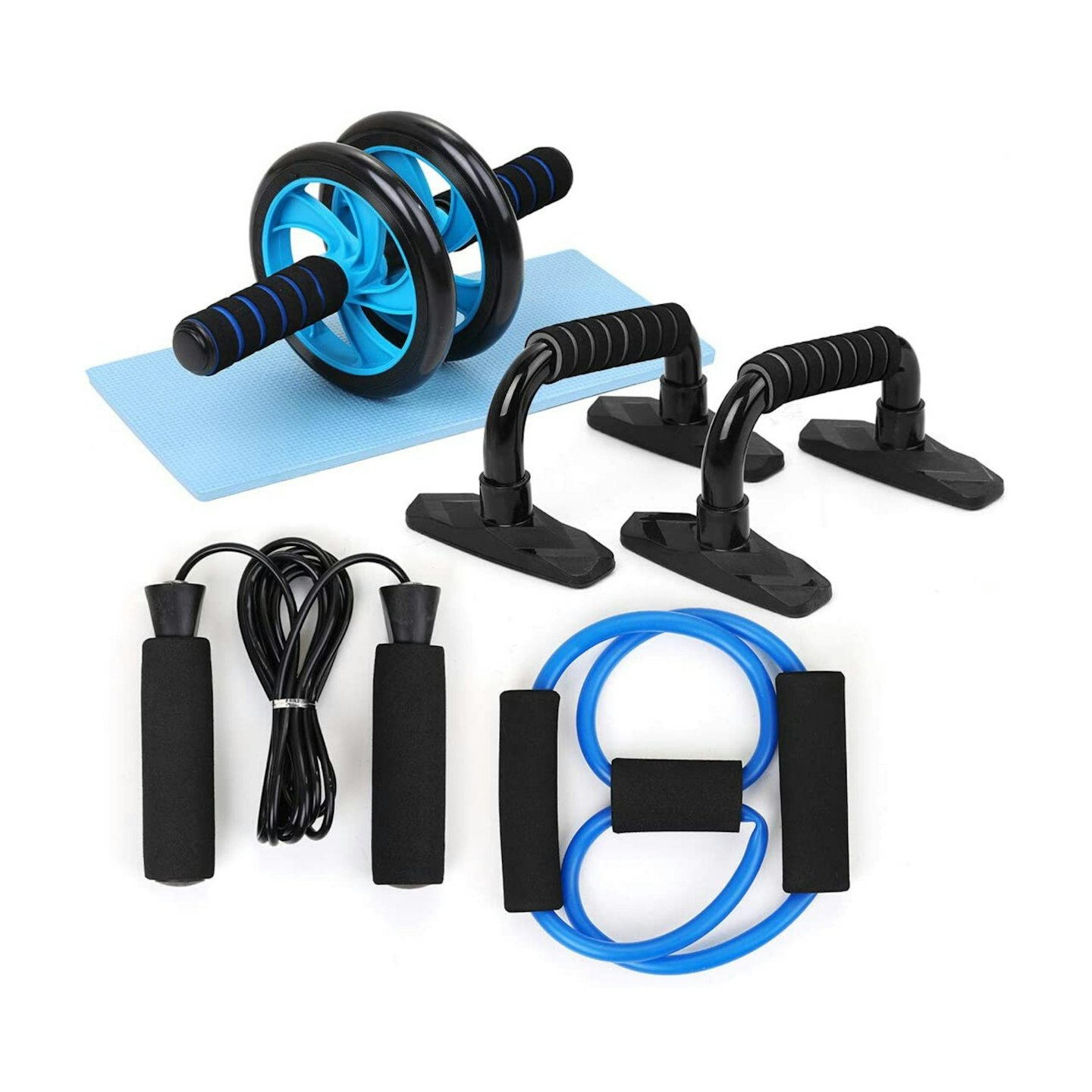 5-in-1 AB Wheel Roller Kit, Spring Exerciser Abdominal Press Wheel Pro with Push-UP Bars Jump Rope and Knee Pad