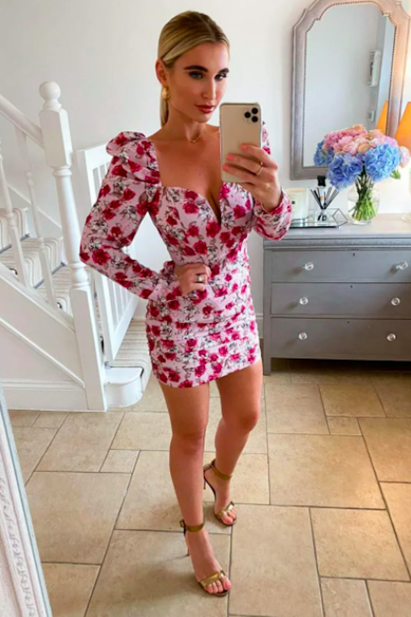Billie Faiers Pink Rose Print Puff Sleeve Ruched Dress