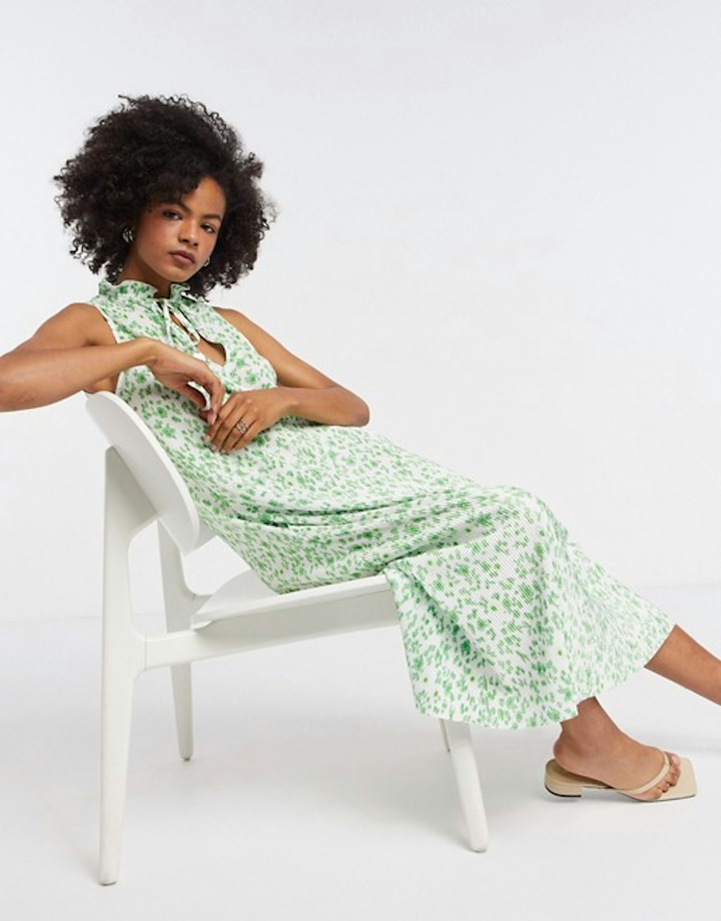 ASOS, Plisse Midi Dress With Frill Neck In Green Floral, £30