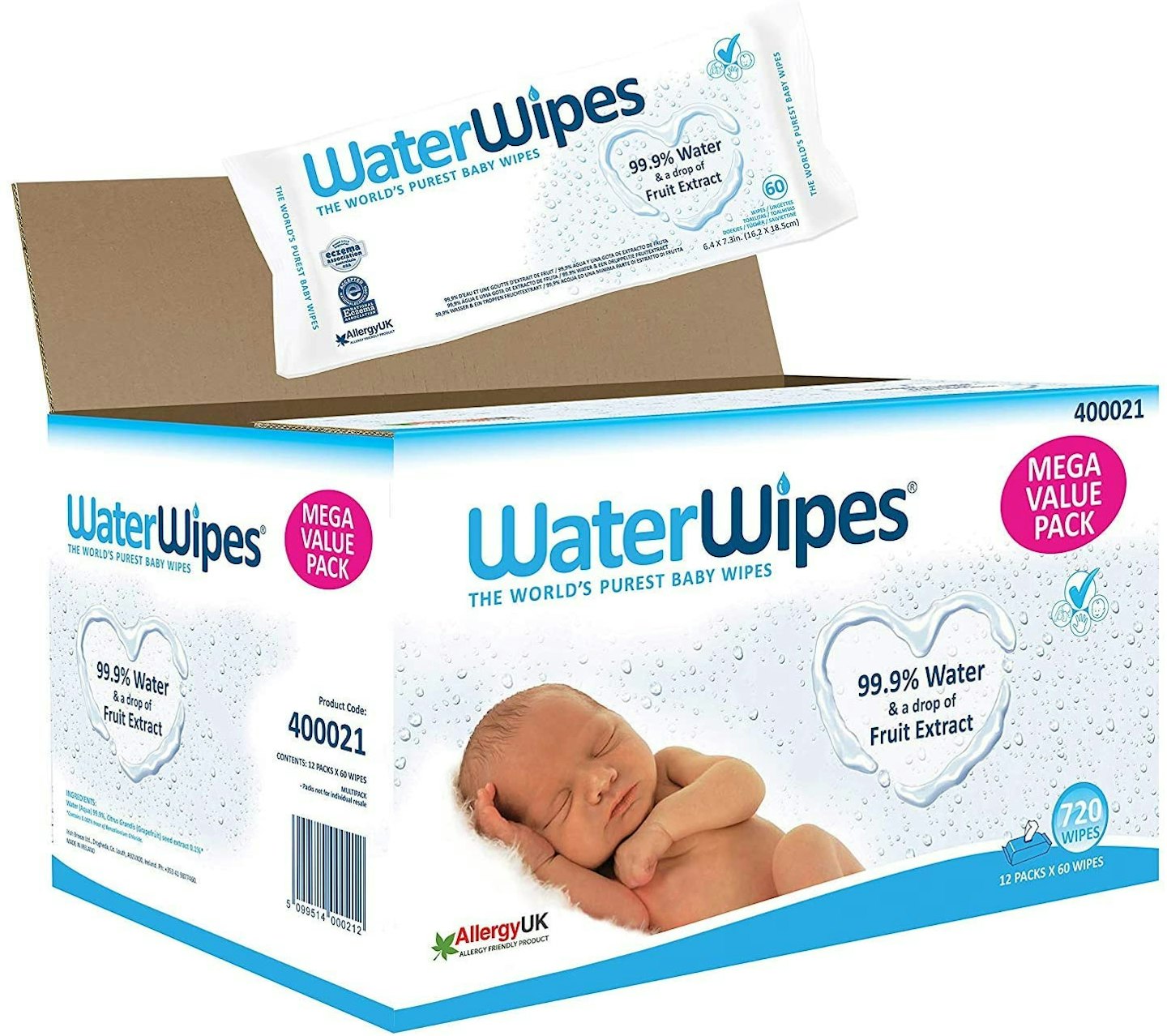 Waterwipes Baby Wipes Sensitive Newborn Skin, 12 Packs of 60 Wipes