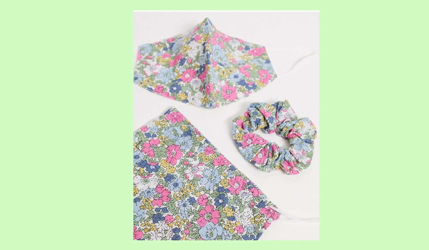 ASOS DESIGN pink floral face covering with pouch & scrunchie