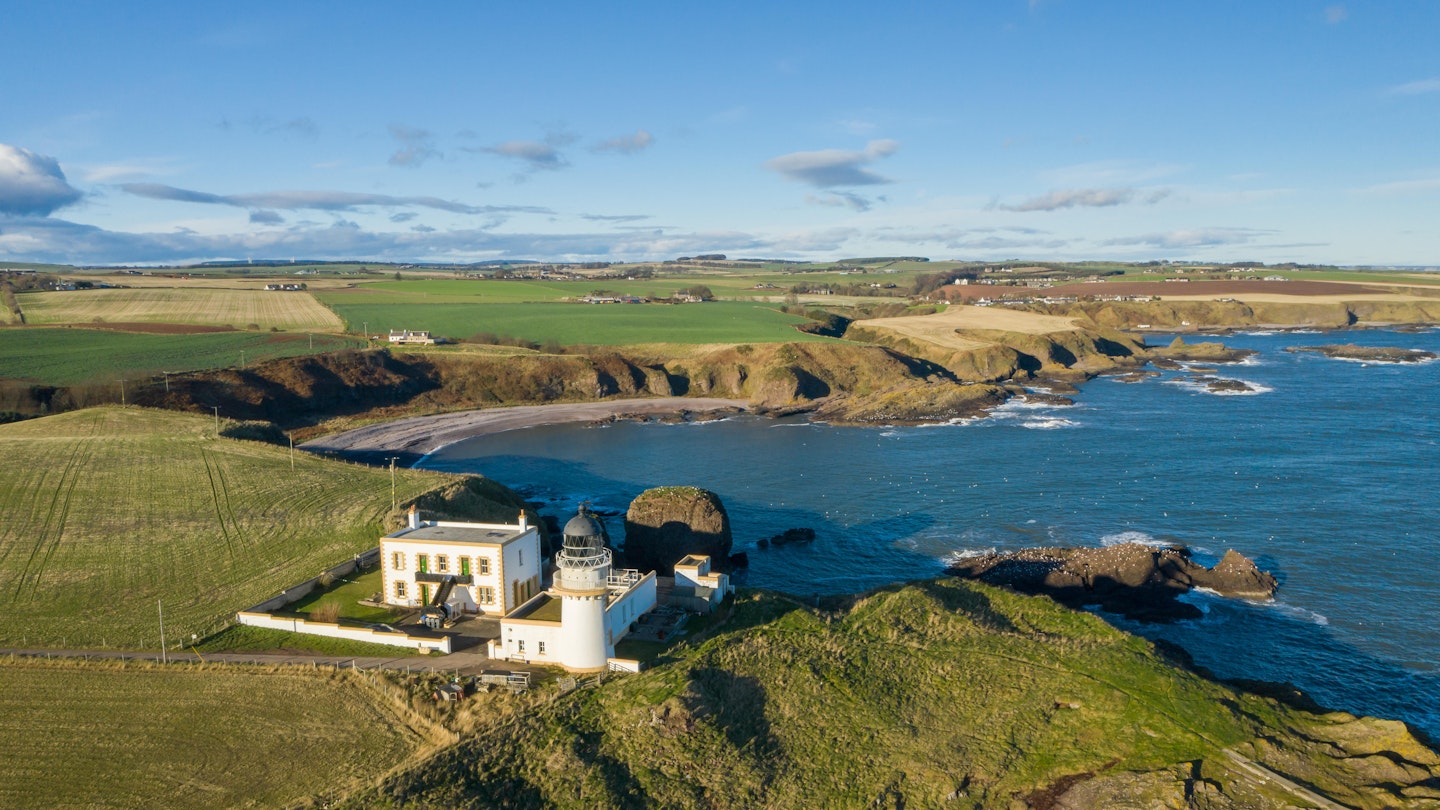 An aerial view of Tod Head lighthouse.
