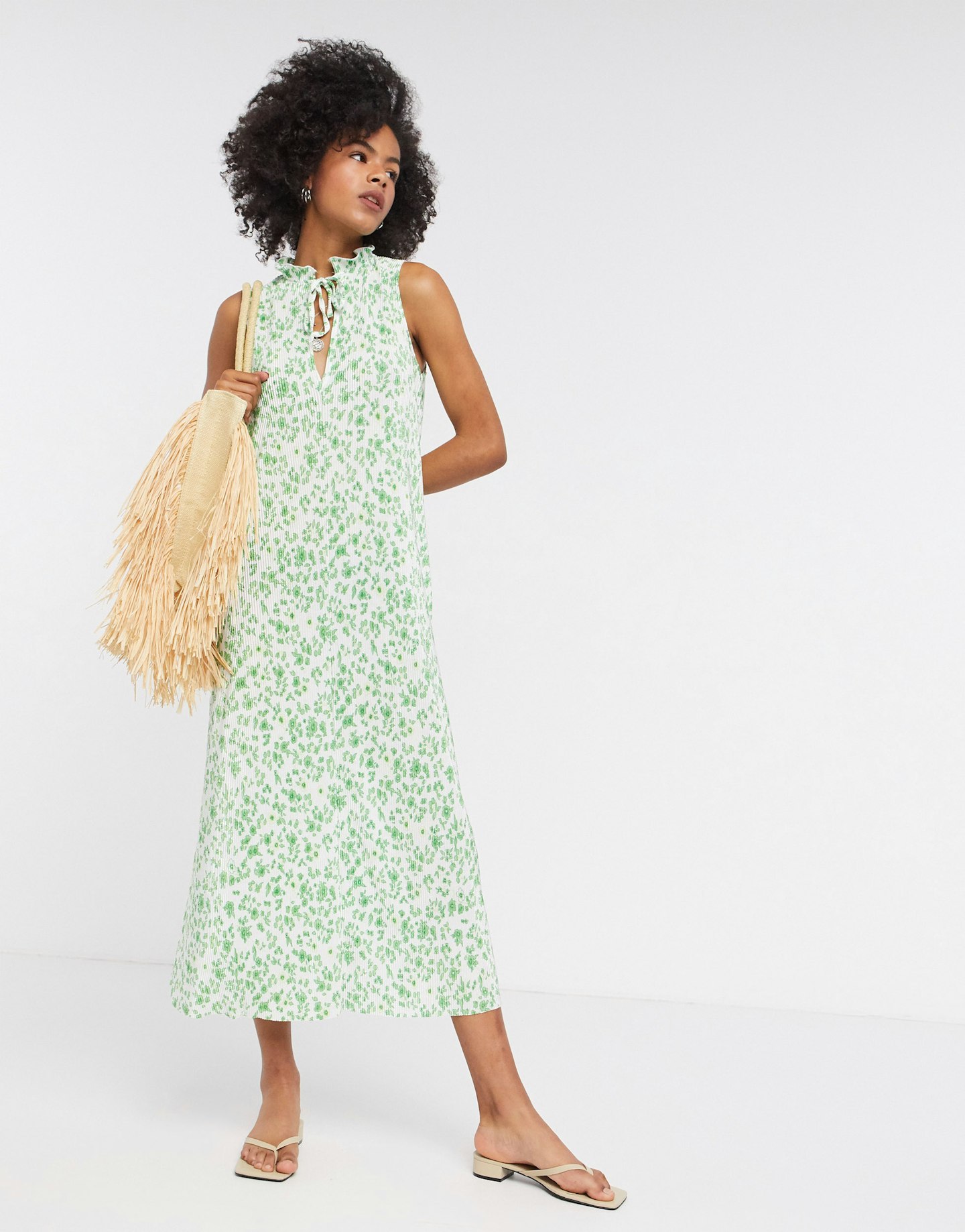 ASOS DESIGN, plisse midi dress with frill neck in green floral, £30