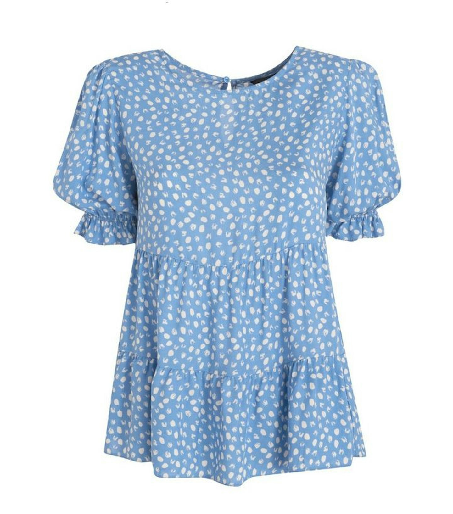 Blue Abstract Spot Puff Sleeve Tiered Blouse