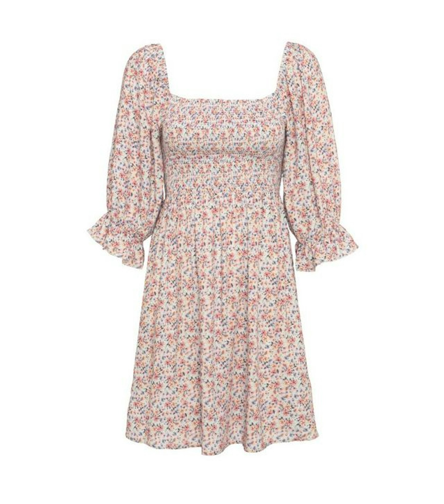 Blue Floral Square Neck Puff Sleeve Mini Dress
