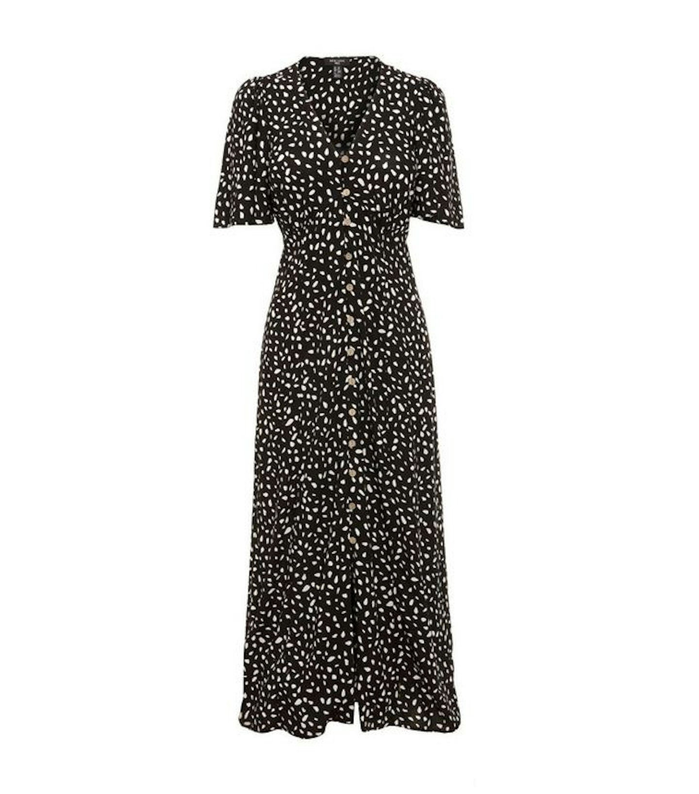 Tall Black Spot Button Up Midi Tea Dress