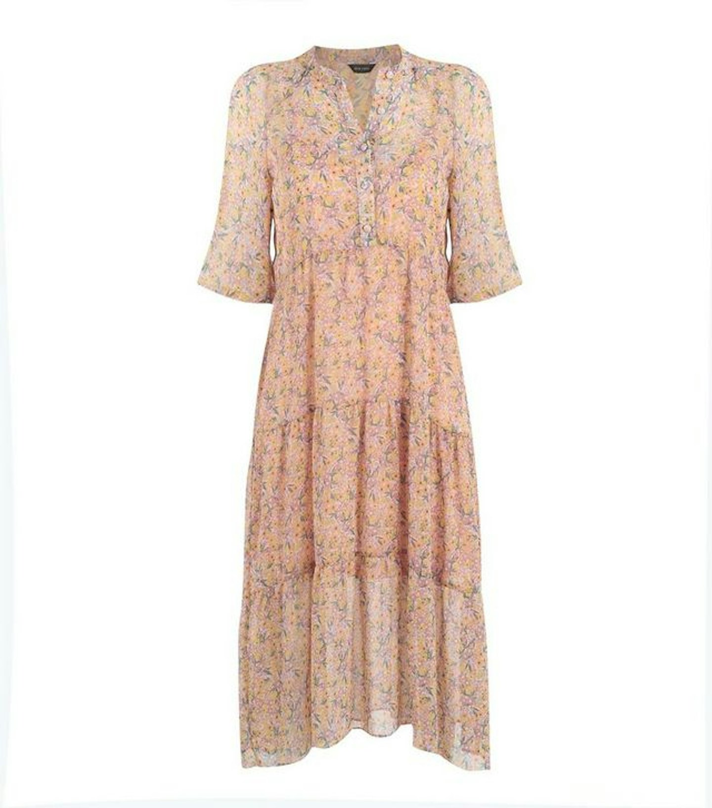 Pink Floral Tiered Smock Midi Dress