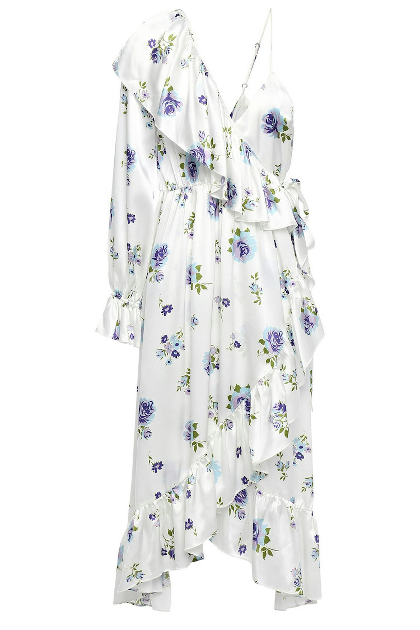 Les Ru00eaveries, Ruffled floral-print silk-satin midi wrap dress, WAS £687, NOW £208