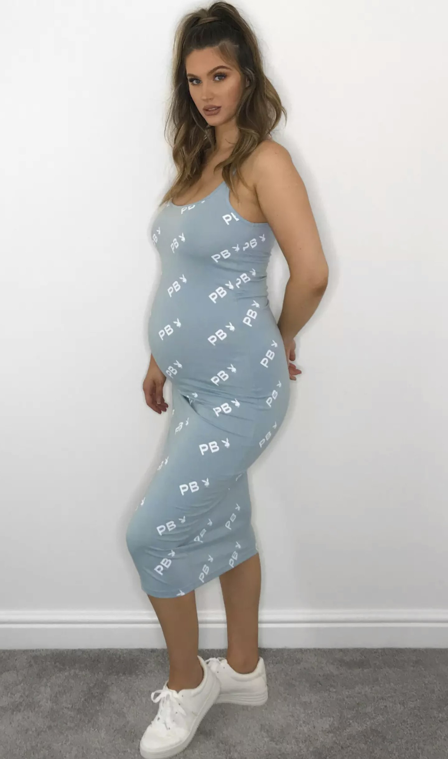 playboy x missguided blue repeat logo maternity bodycon midi dress