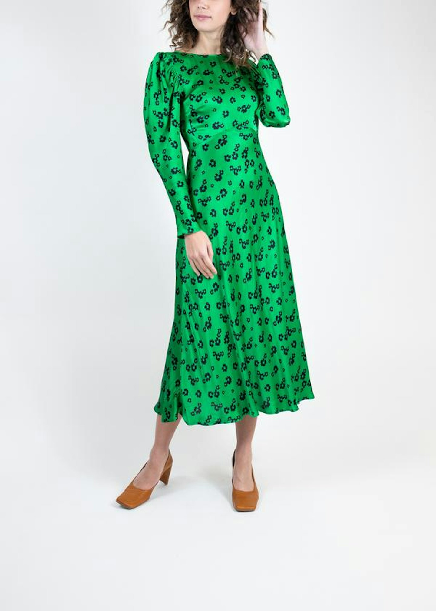 Ghost, Daisy Print Green Satin Midi Dress