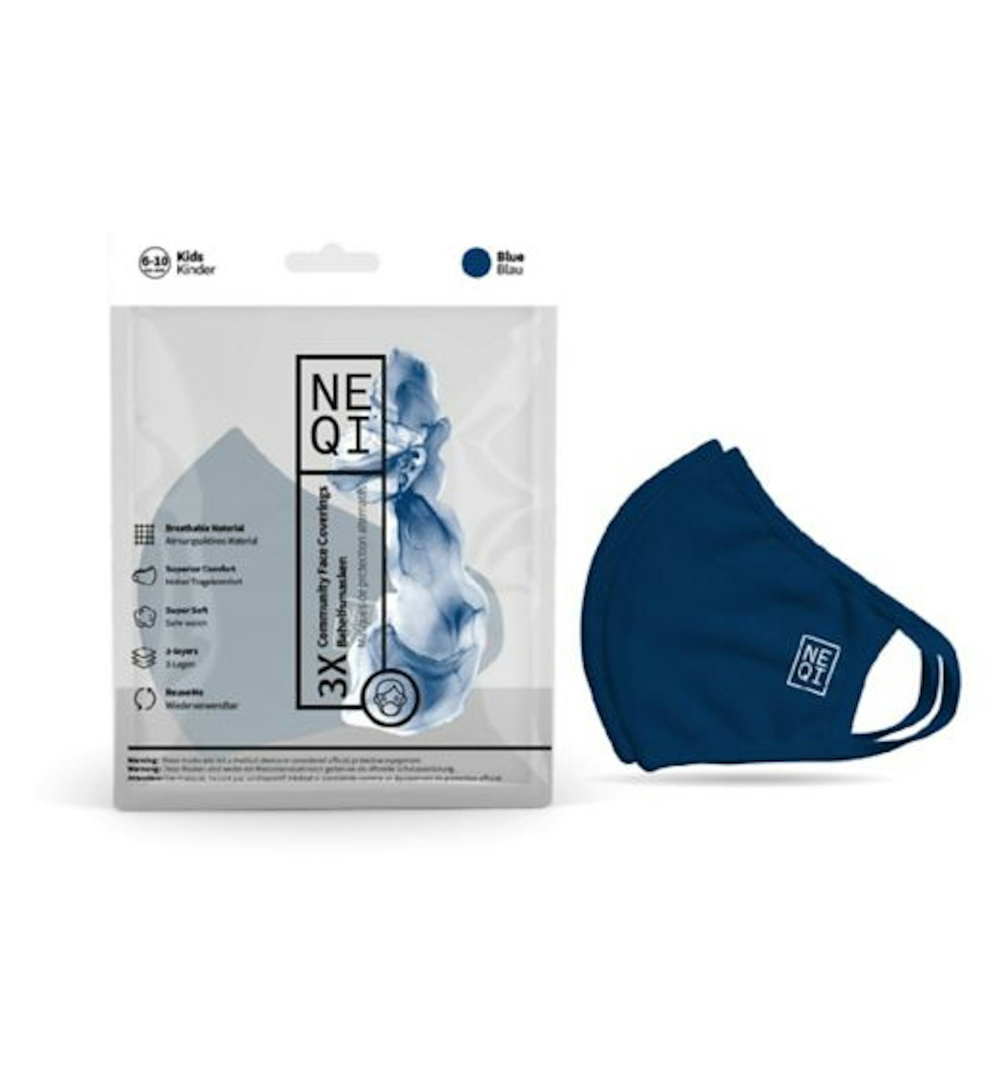 NEQI, Reusable Face Masks - 3 Pack (Kids 6-10 - Blue), £15