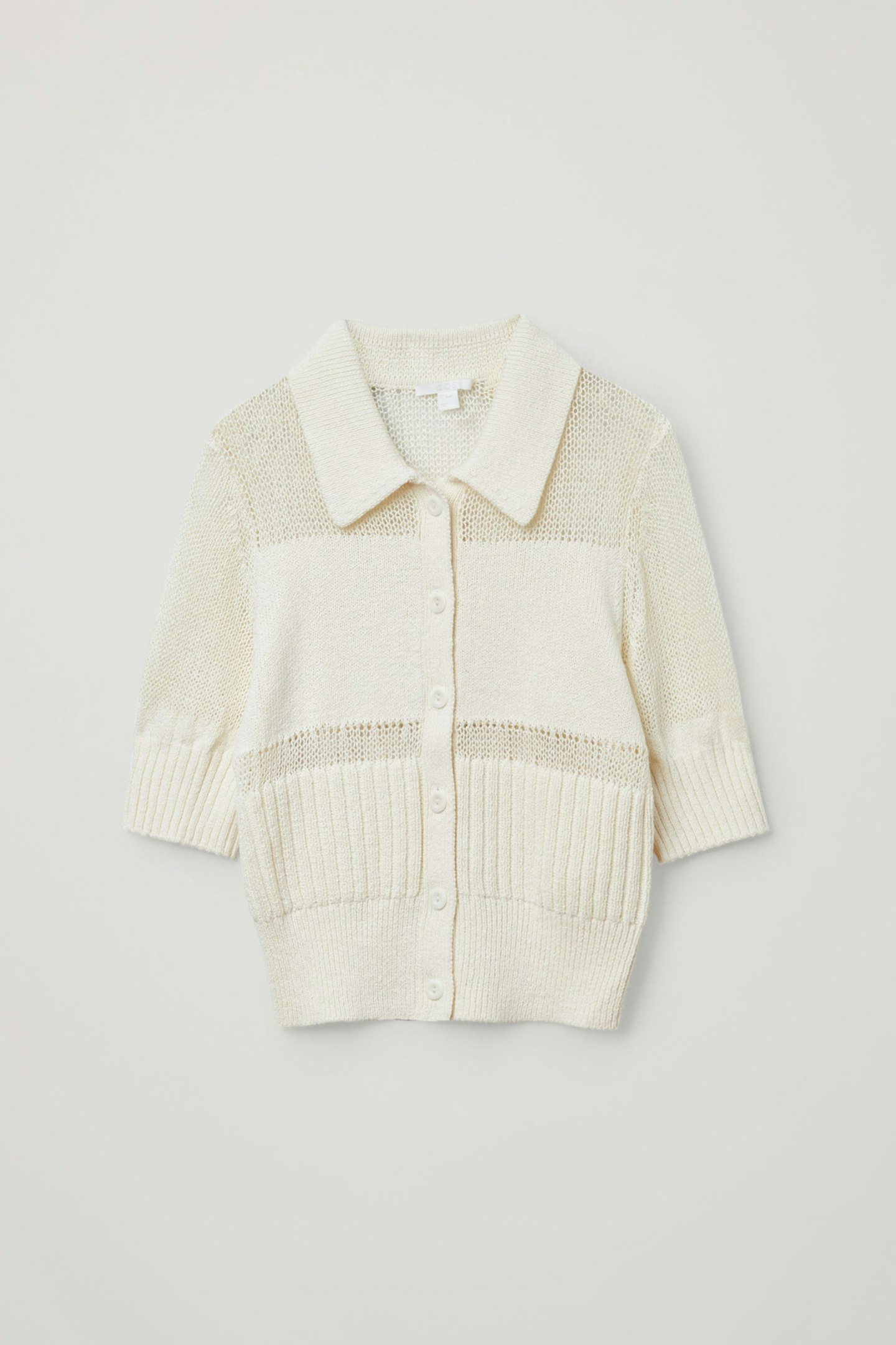 The Collar Cardi – COS, Organic Cotton Mesh Panel Knitted Top, £59