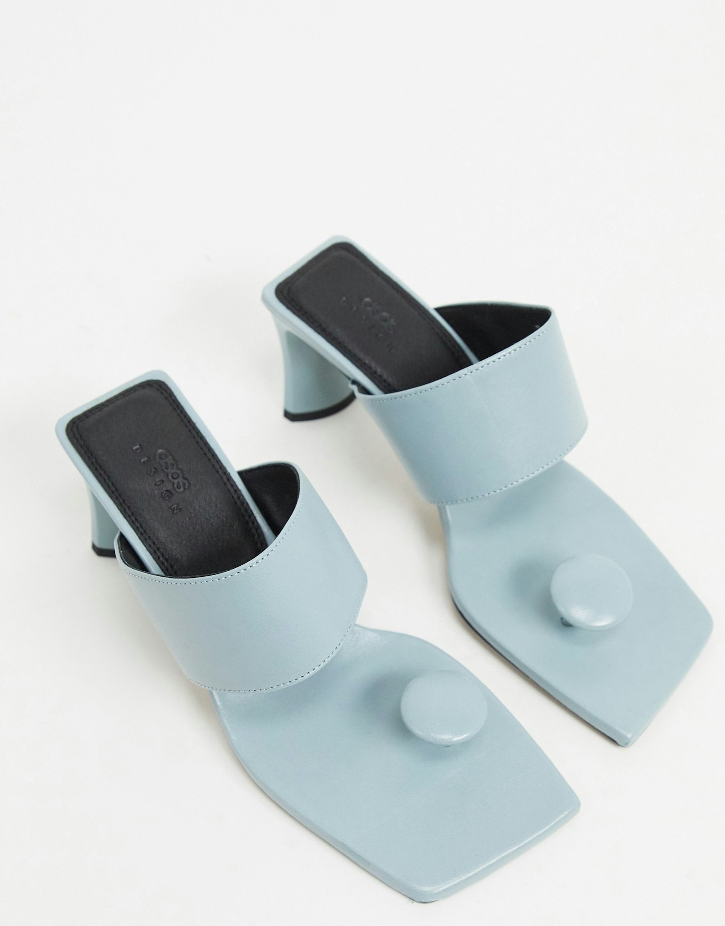ASOS DESIGN, premium leather toe post mid-heeled sandals in blue, £60.00