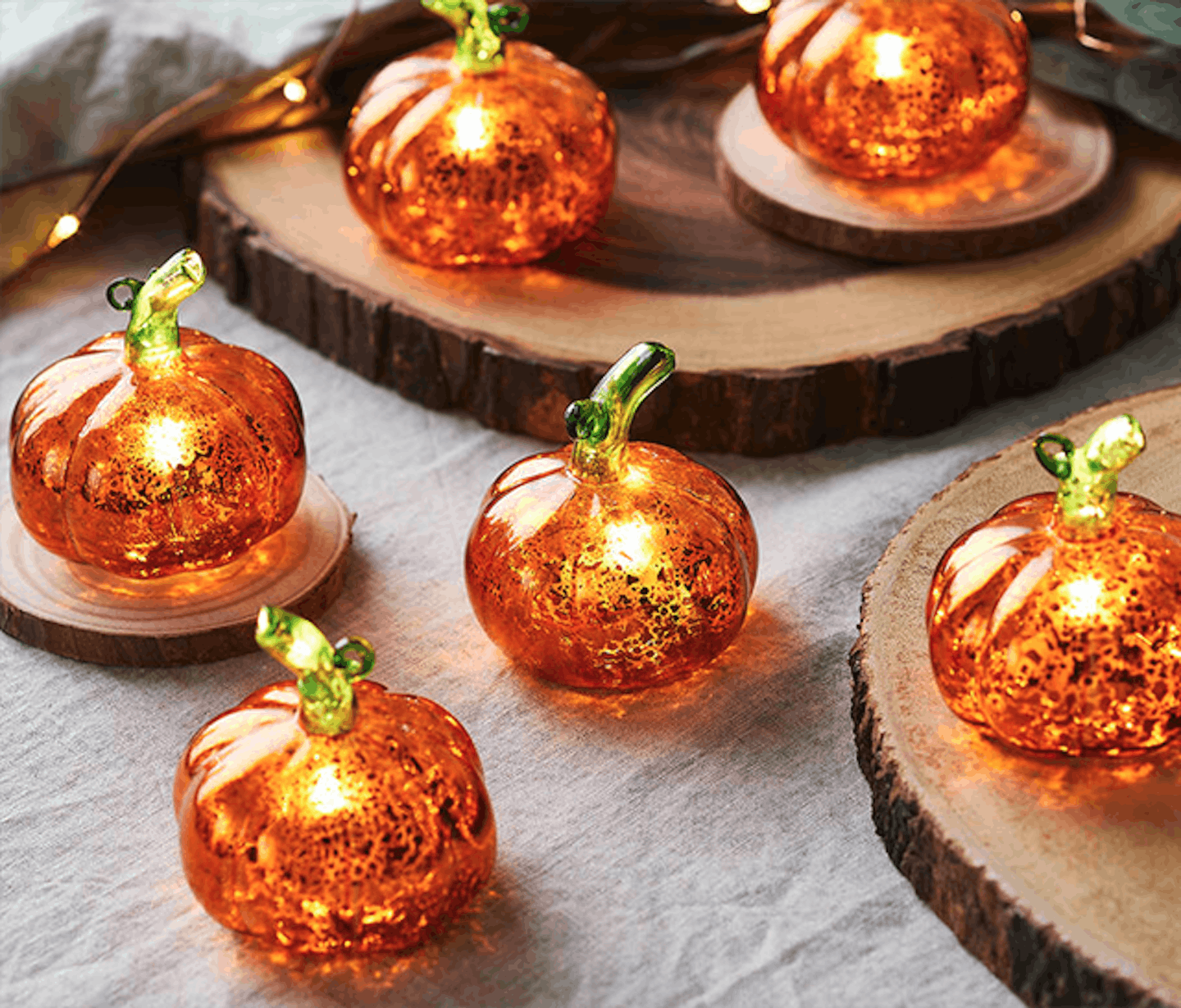 Autumn decorations: Set Of Six Mini Glass Illuminated Pumpkins