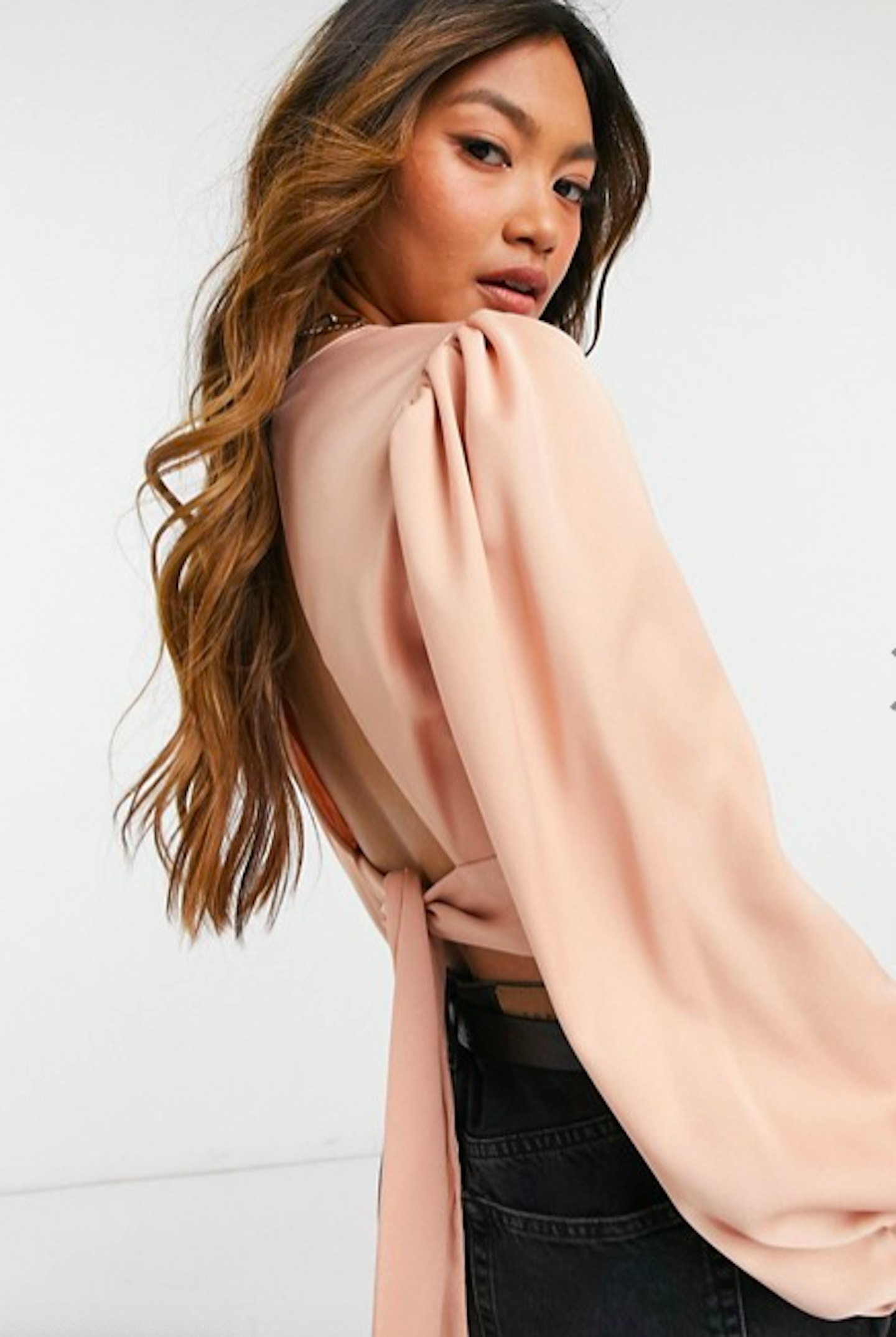 River Island high neck tie back silky top in dusty pink