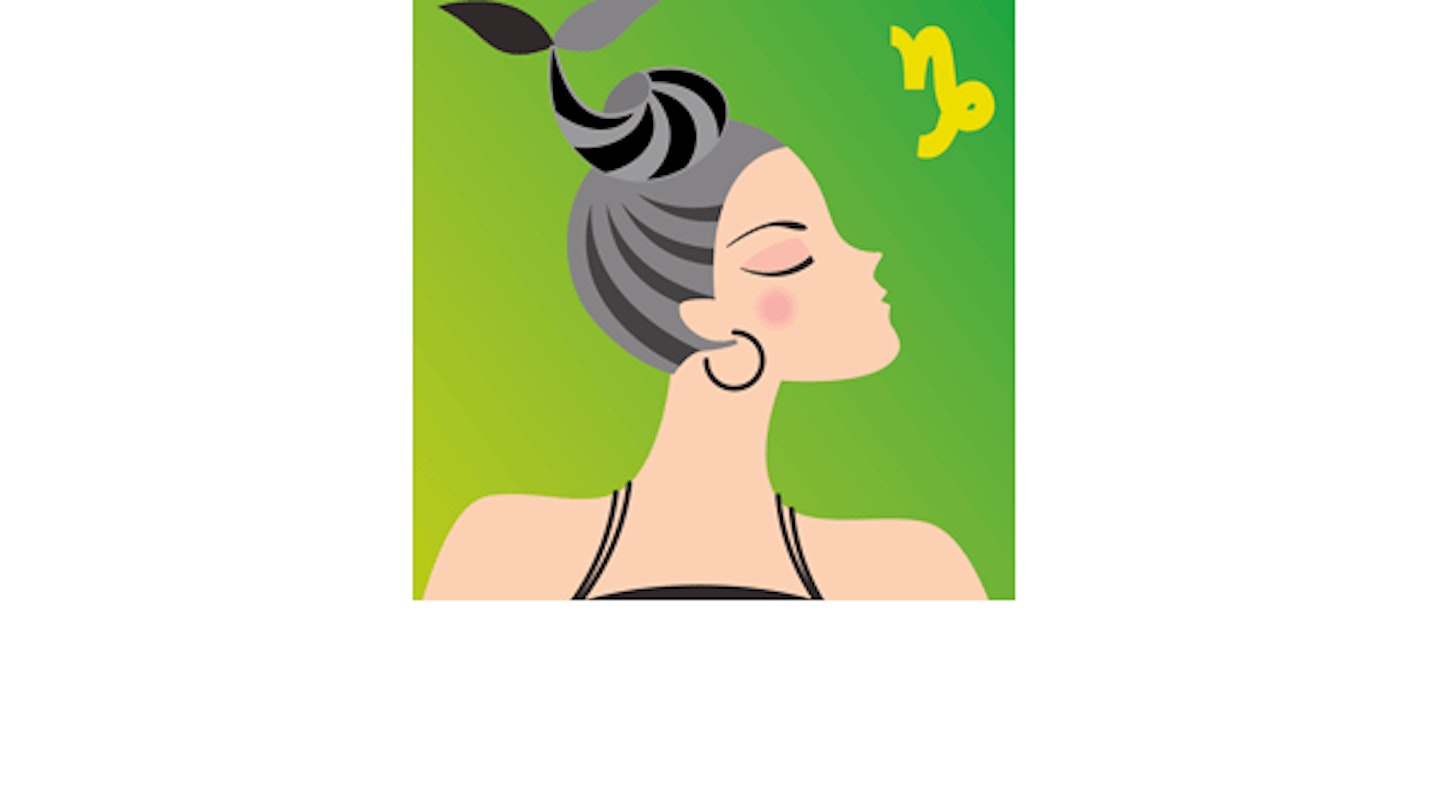 Illustration of woman with hair twisted like a ram's horn and the symbol for Capricorn