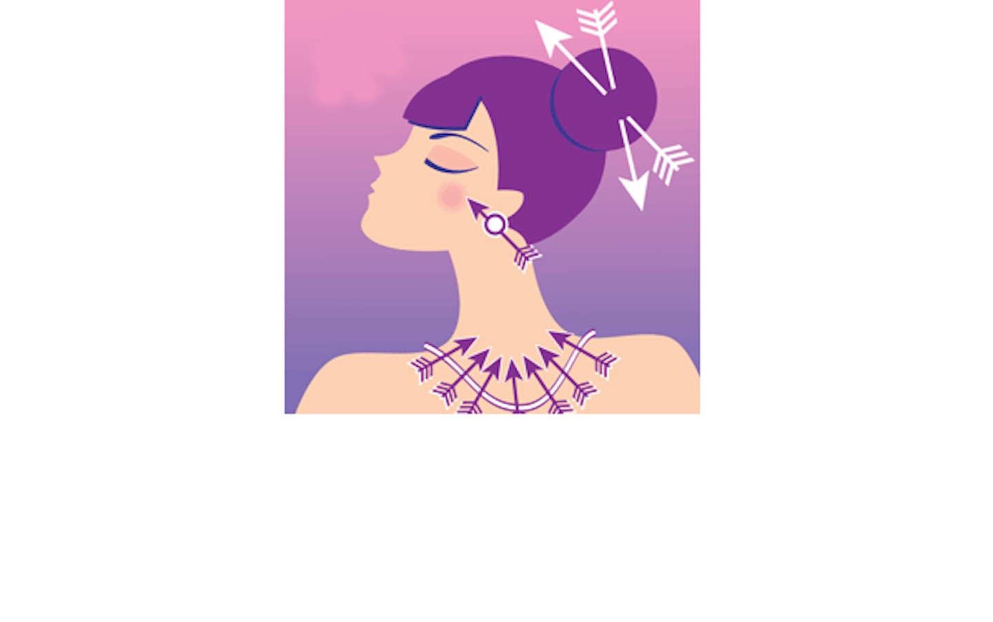 Illustration of woman with arrows as earrings, necklace and as hair accessories!