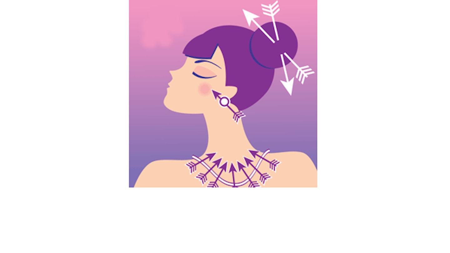 Illustration of woman with arrows as earrings, necklace and as hair accessories!