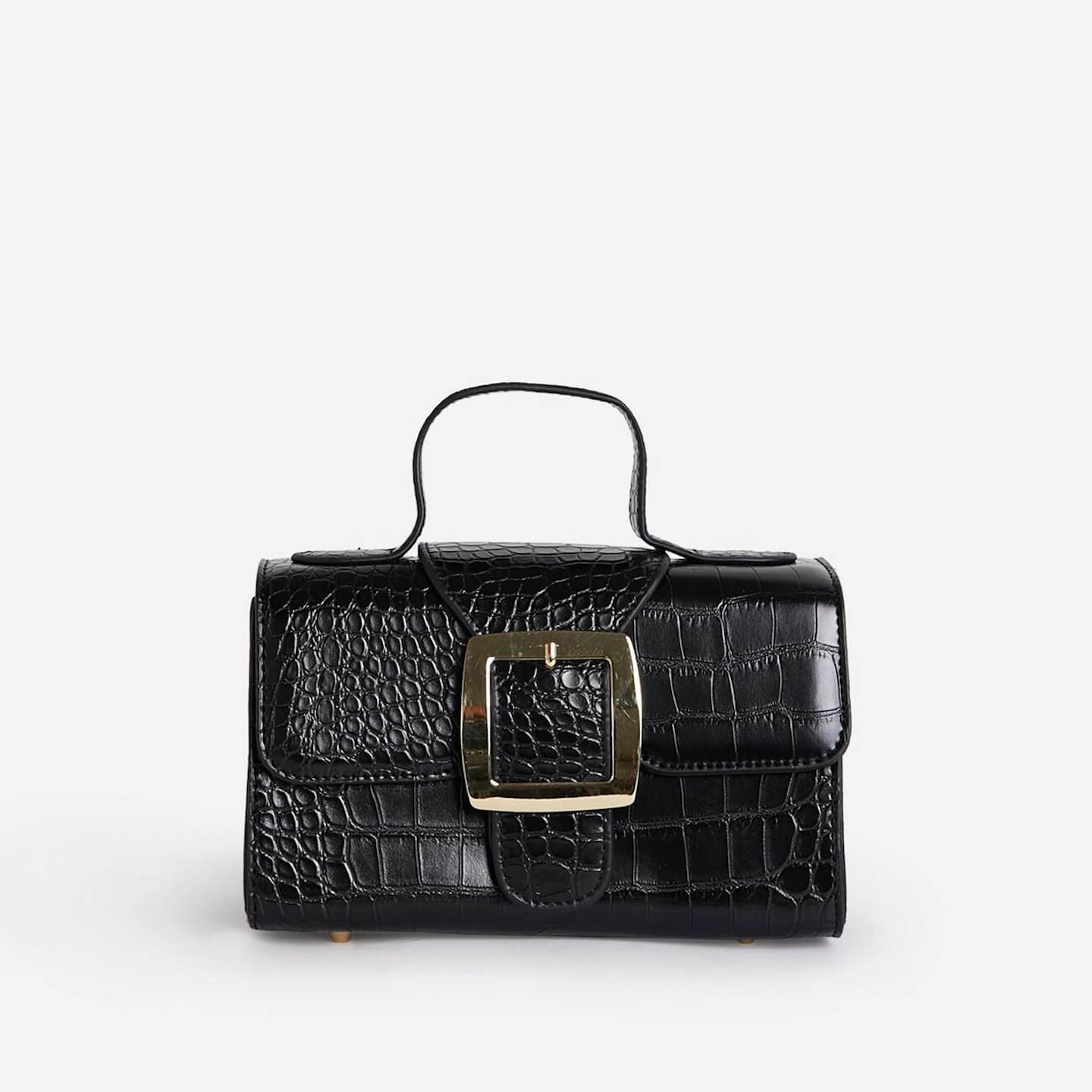 Arabella Buckle Detail Rounded Handle Mini Bag In Black Croc Patent