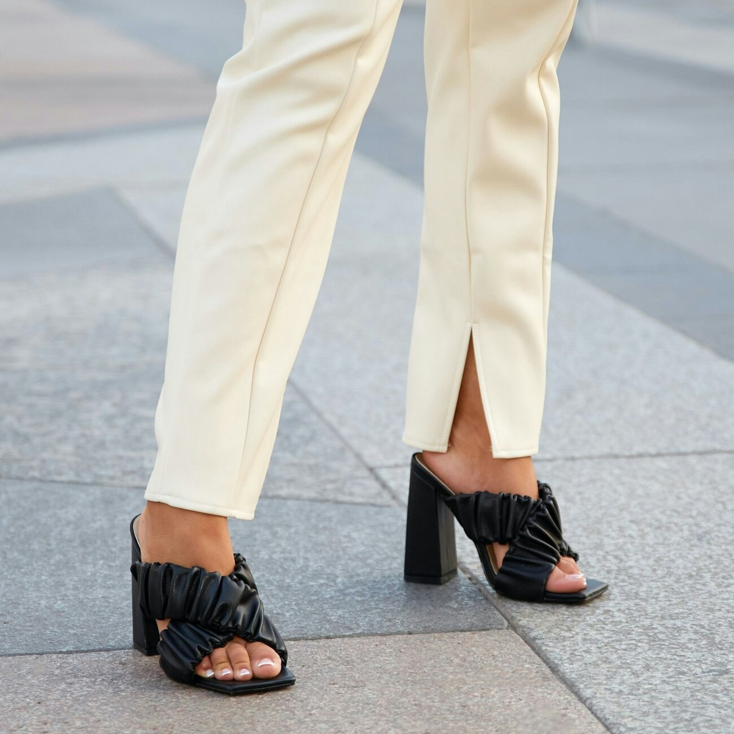 Larchmont Ruched Cross Strap Square Peep Toe Flared Block Heel Mule In Black Faux Leather