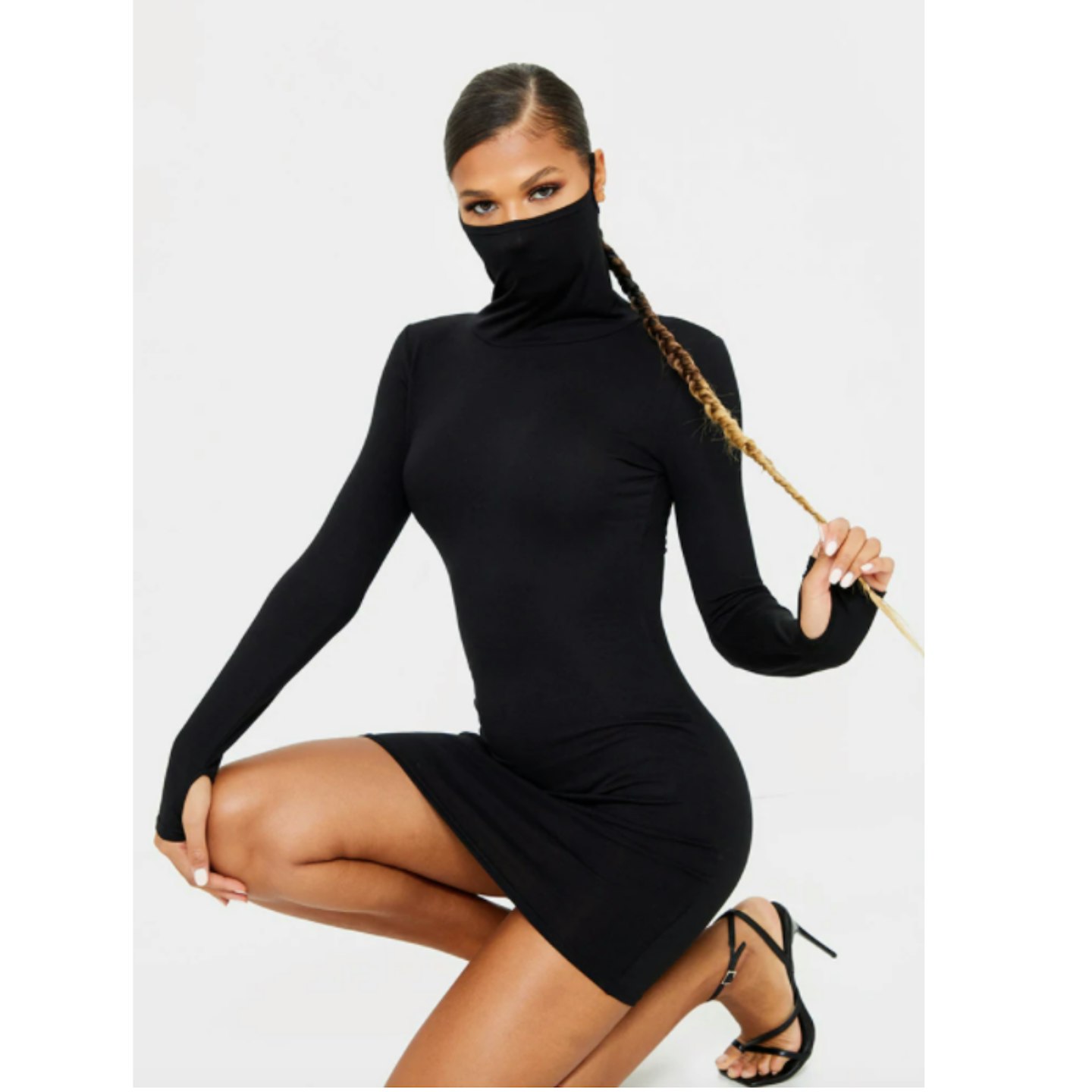 Black Jersey Long Sleeve Mask Bodycon Dress