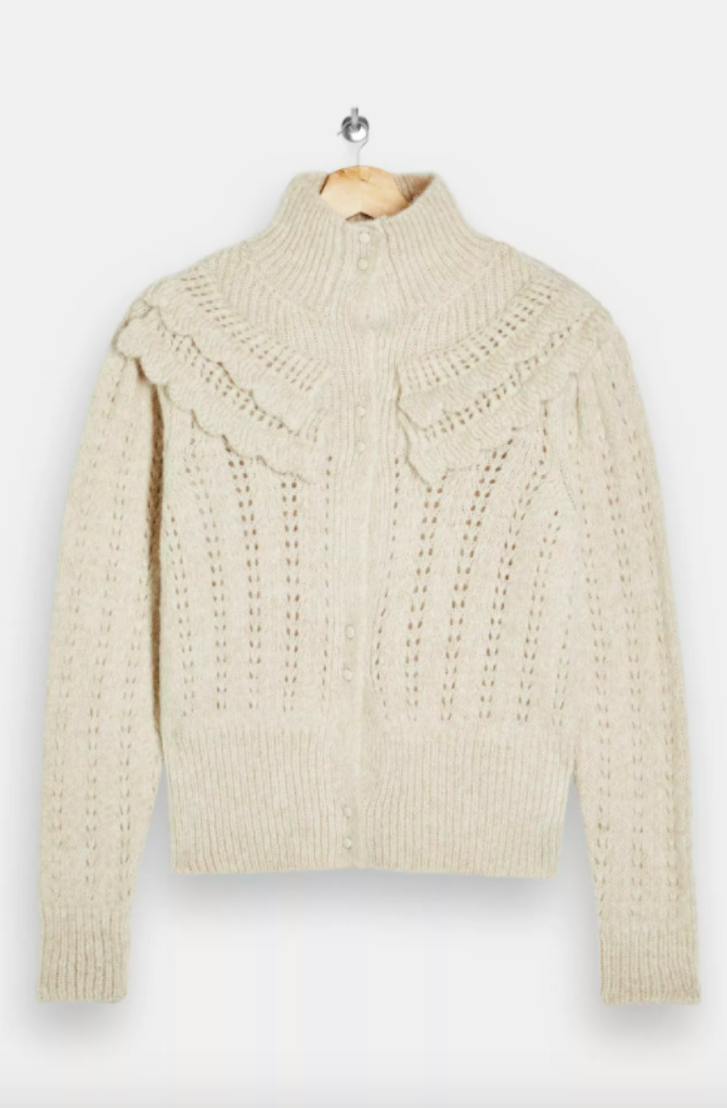 Topshop, Ivory High-Neck Frill Knitted Cardigan, £35.99