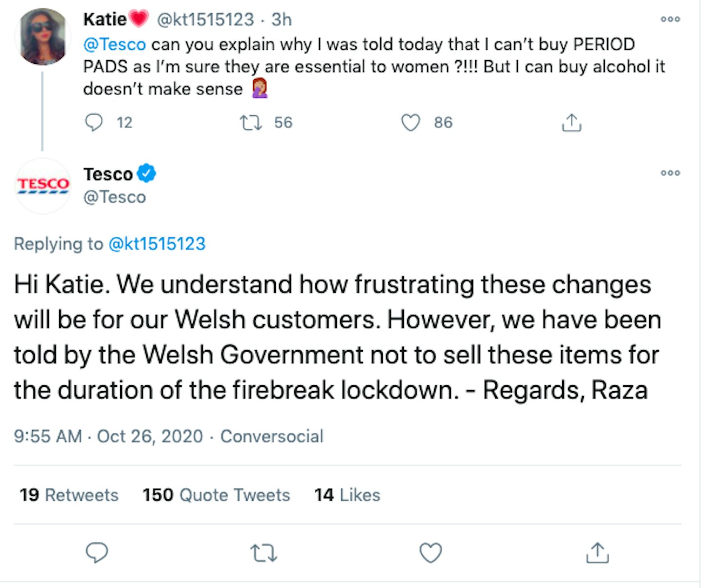 Tesco tweet about period products