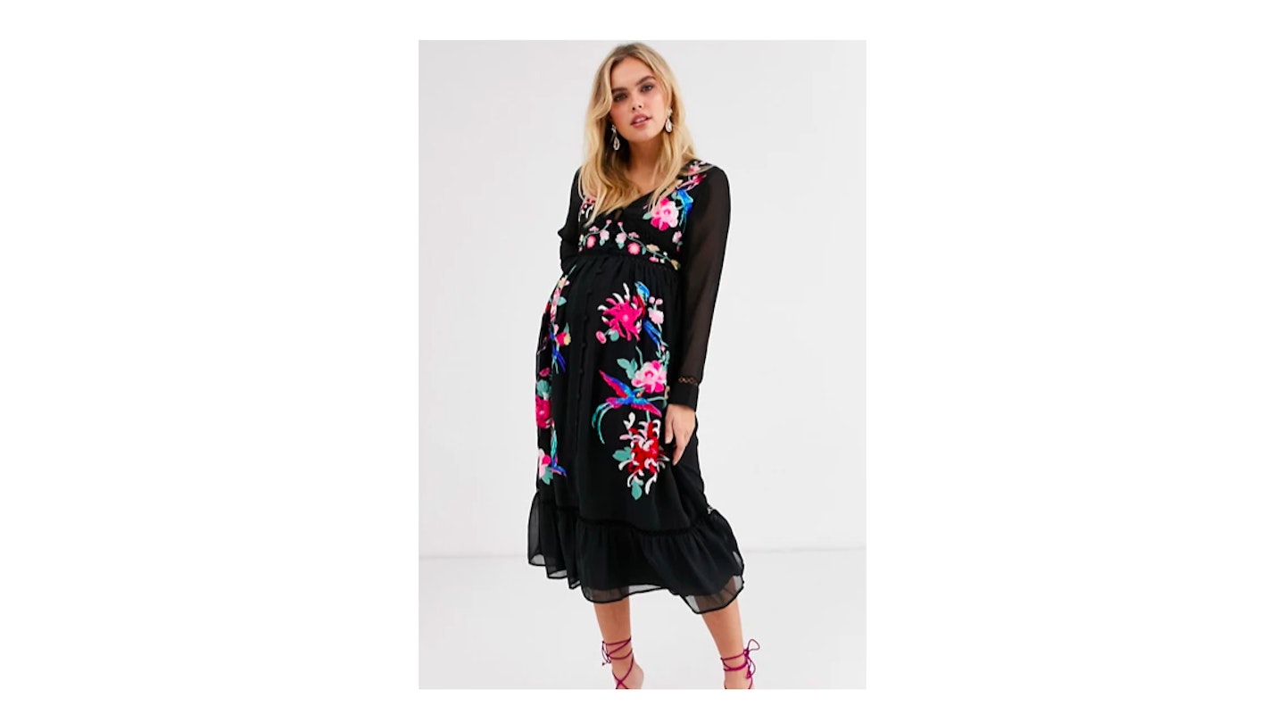 ASOS DESIGN Maternity embroidered skater midi dress with lace trims and pephem in black