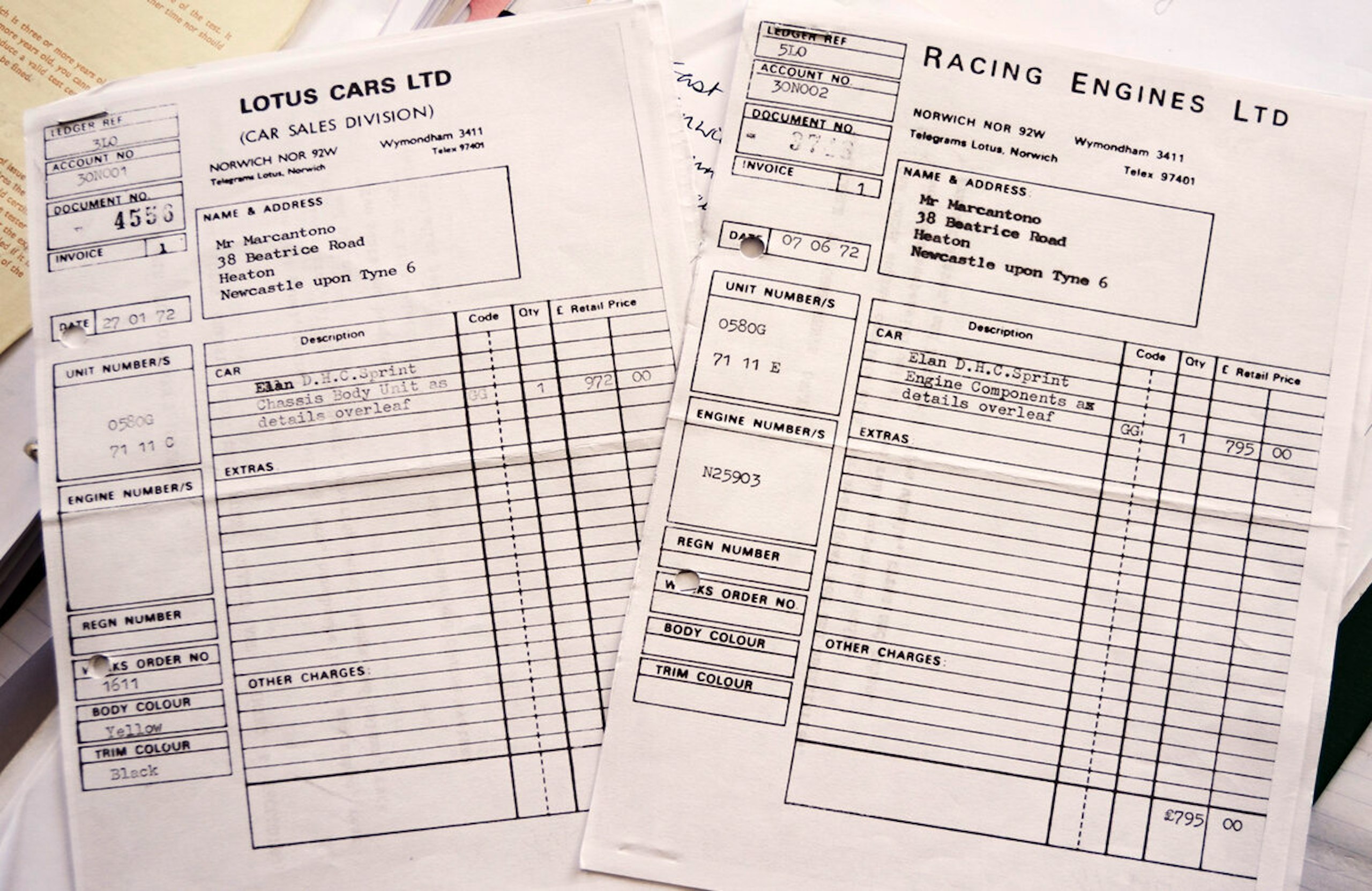 Separate original receipts for body/chassis package and the engine