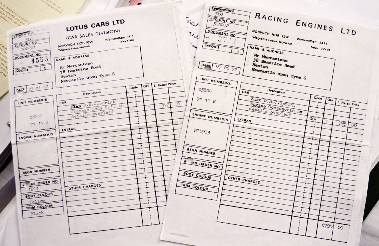Separate original receipts for body/chassis package and the engine