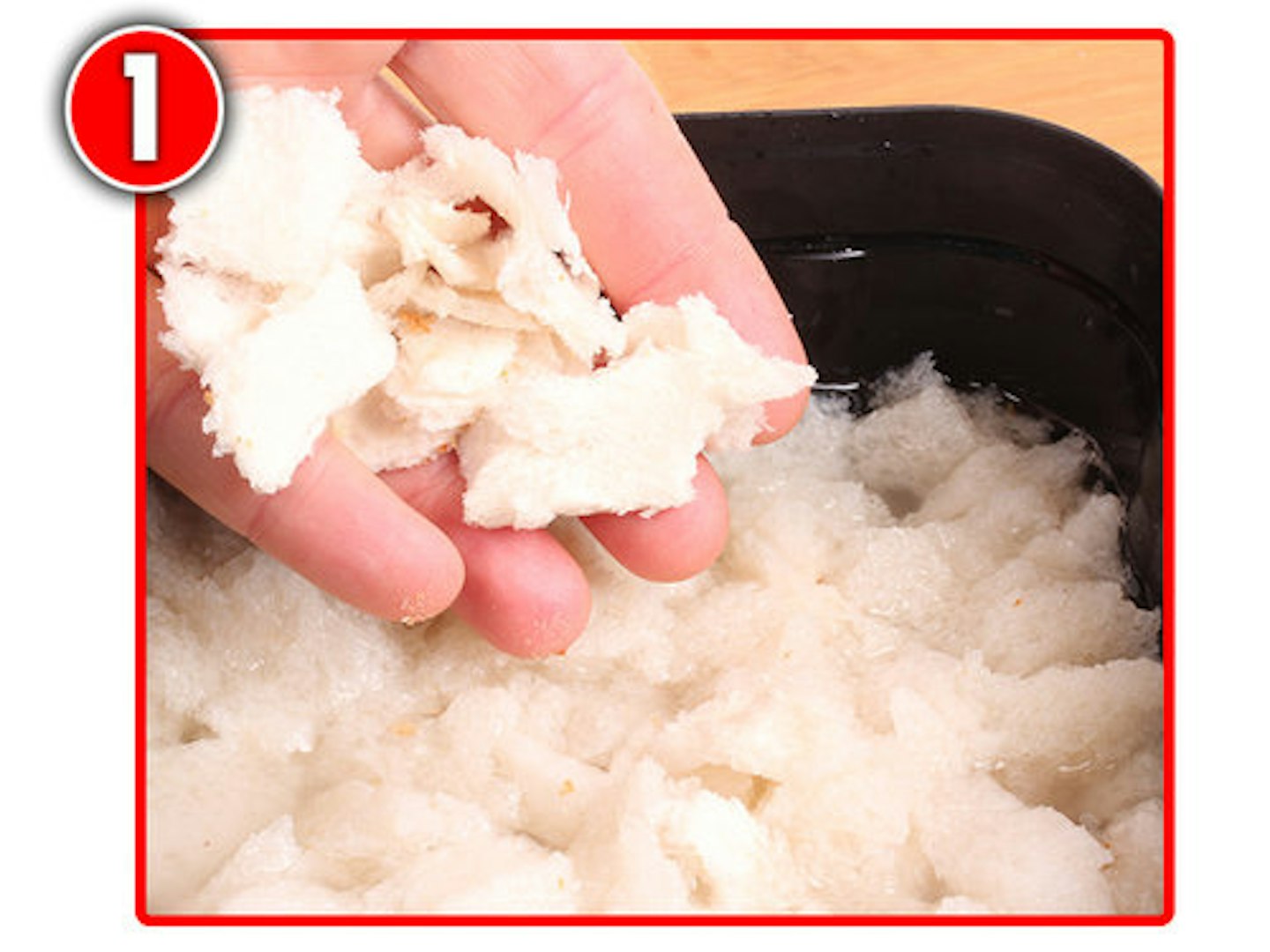 Tear the bread into small chunks and soak in river water. 