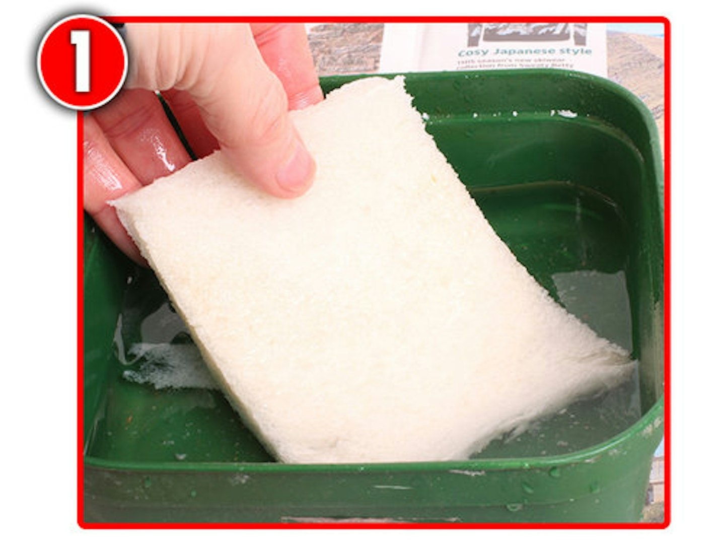 Remove crusts and place each slice in a tub of water for a few seconds. 