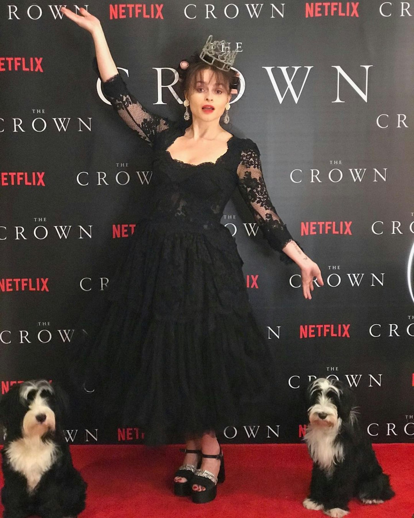 Helena Bonham Carter, a.k.a Princess Margaret, wore a black lace dress