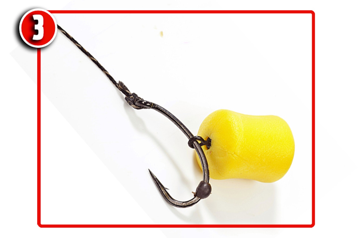 Position the hook bead and then attach the bait to the swivel using bait floss or a small bait band. 