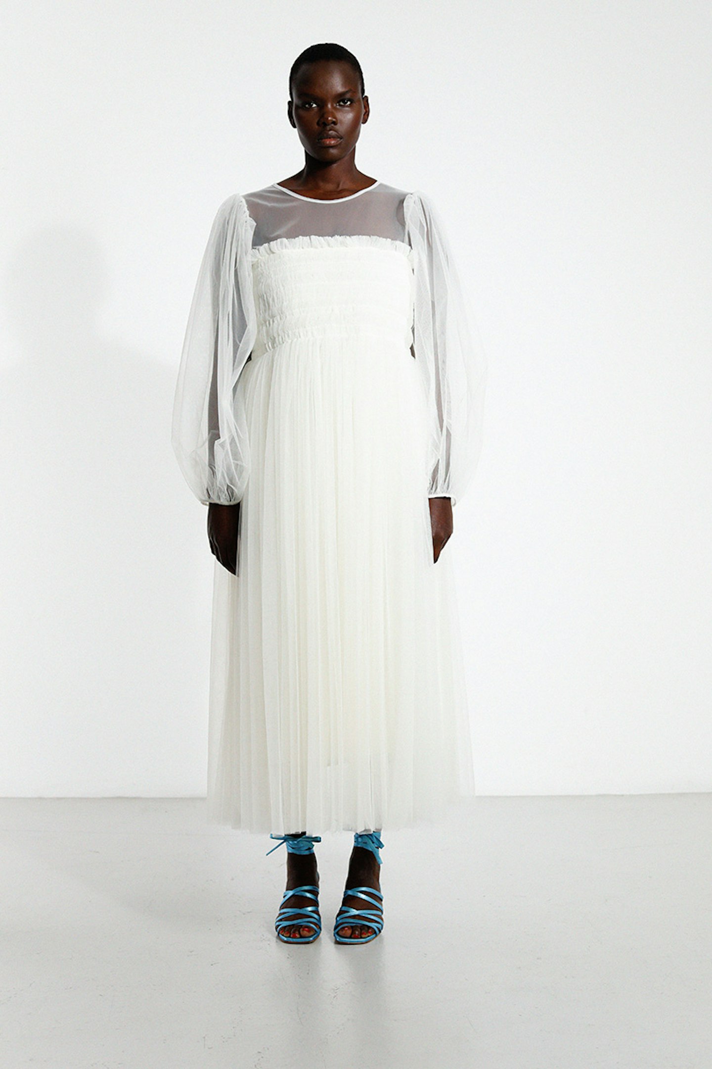 Molly Goddard, Quinn Hand-Smocked Tulle Dress With Gathered Long Sleeves