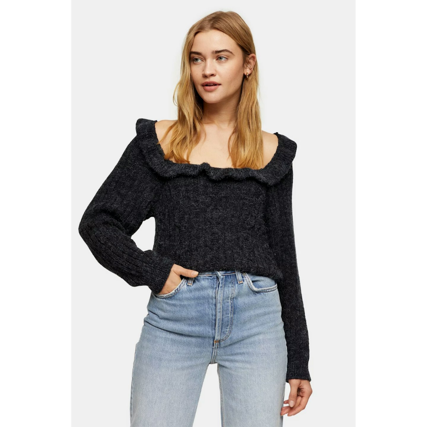 Charcoal Grey Tie Back Ruffle Cable Knitted Jumper