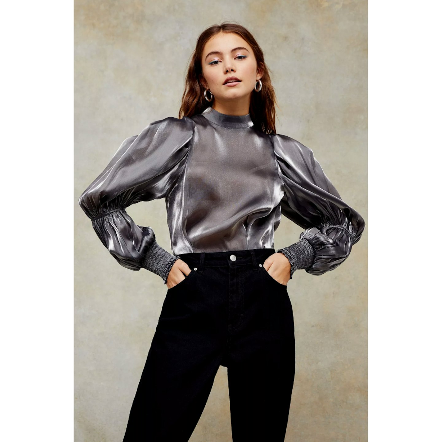 Silver High Neck Puff Sleeve Top
