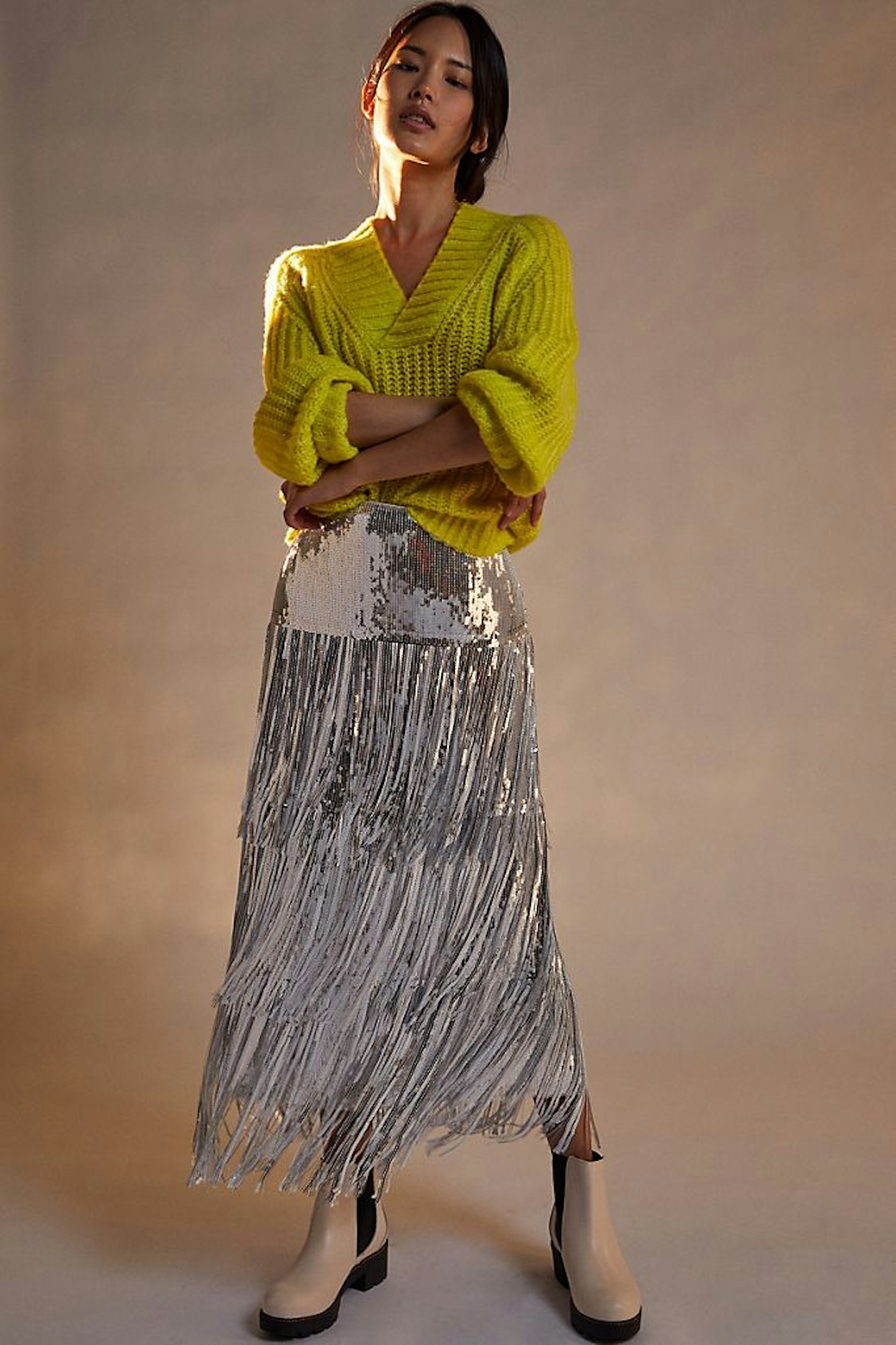 Maeve Tatiana Sequined Fringe Midi Skirt, WAS £160 NOW £120