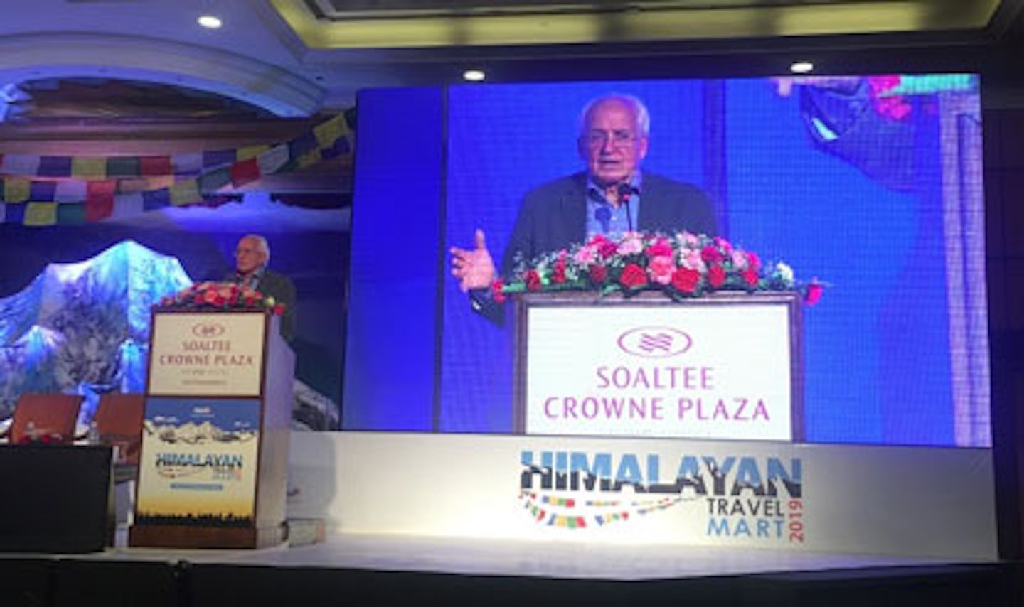 Doug Scott delivering his ‘Lure of the Himalaya’ speech in Kathmandu on 6 June 2019. Photo © Claire Souch