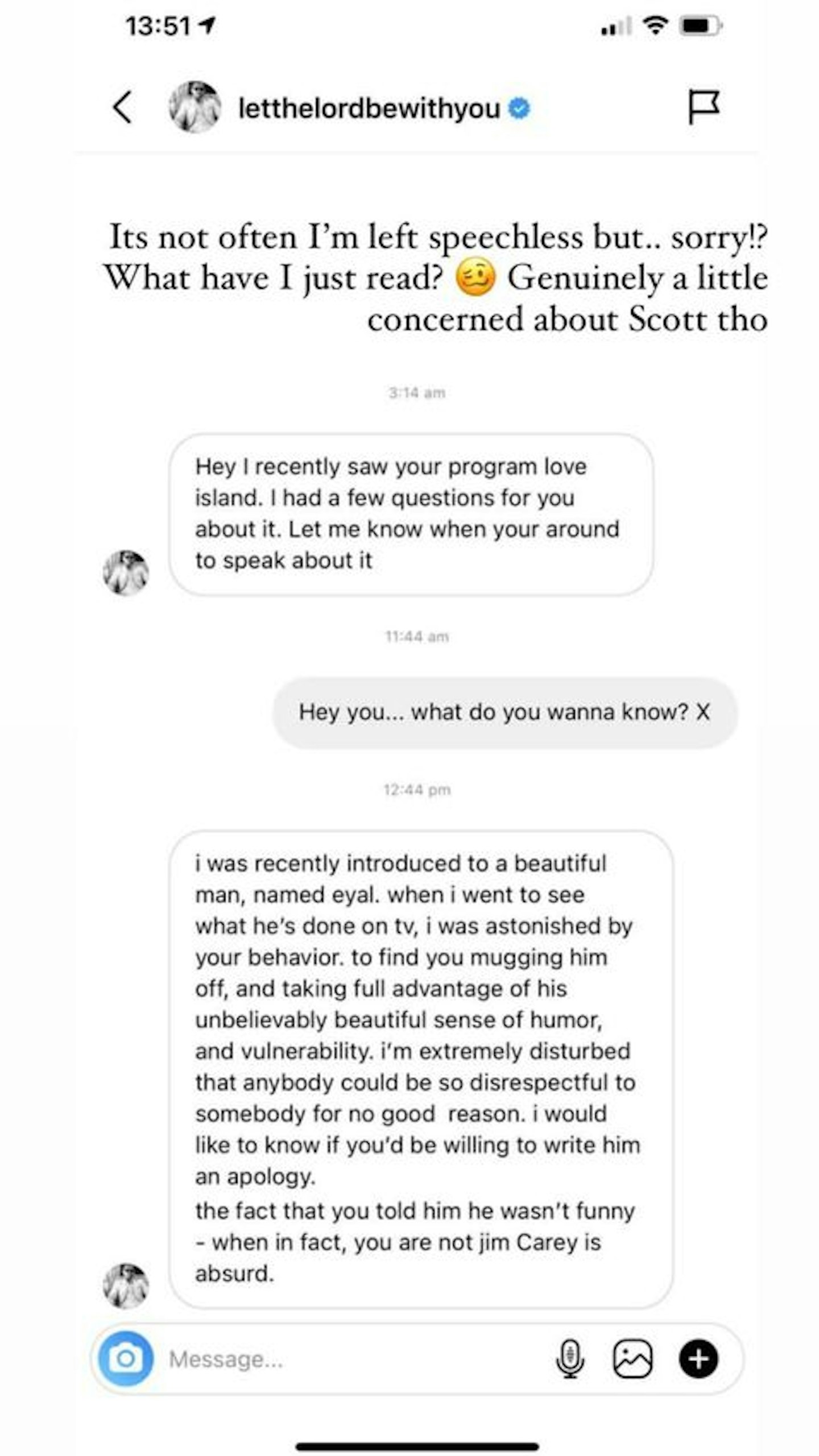 Megan Barton-Hanson shares DM from Scott Disick about her treatment of Eyal Booker