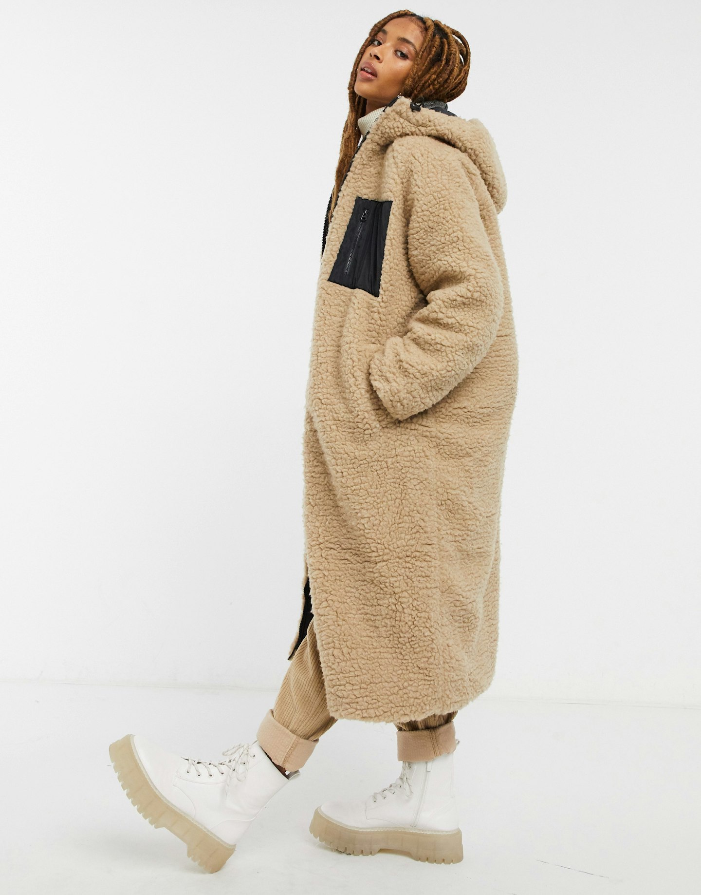 ASOS Design, Longline Fleece Hooded Coat In Camel, WAS £65, NOW £45.50