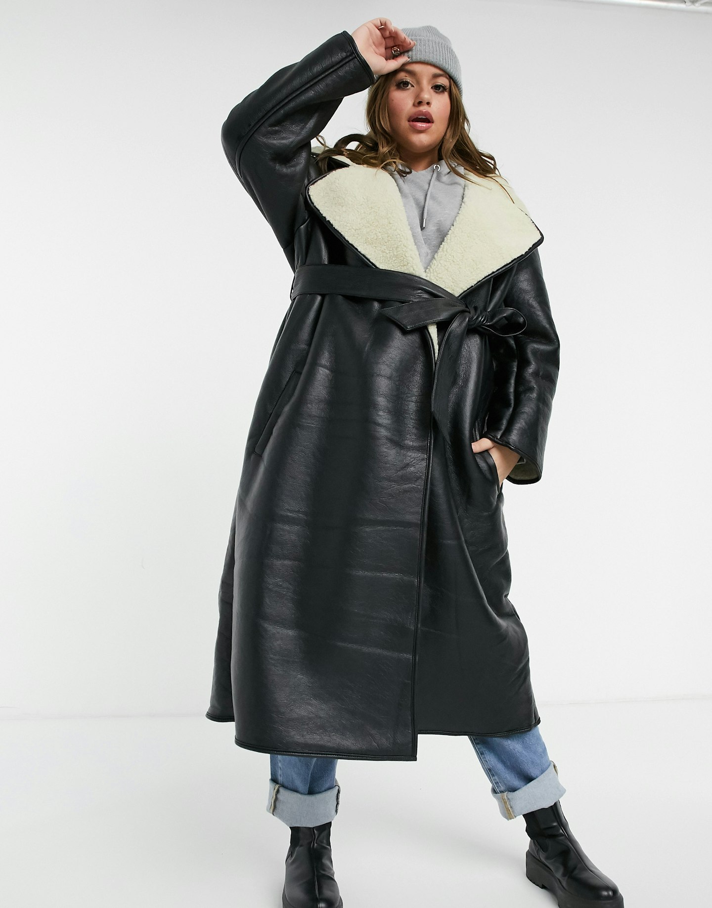 ASOS Design, Curve Belted Longline Leather Look Coat In Black And Cream, WAS £80, NOW £40